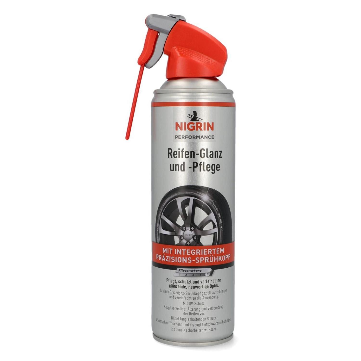 NIGRIN Reifen-Pflege 500ml Reifen-Glanz Spray Reiniger Reifenpflege (1 St), Schutz Auto-Reifen Gummi Reifenglanz Reifenpflege UV-Schutz Reiniger