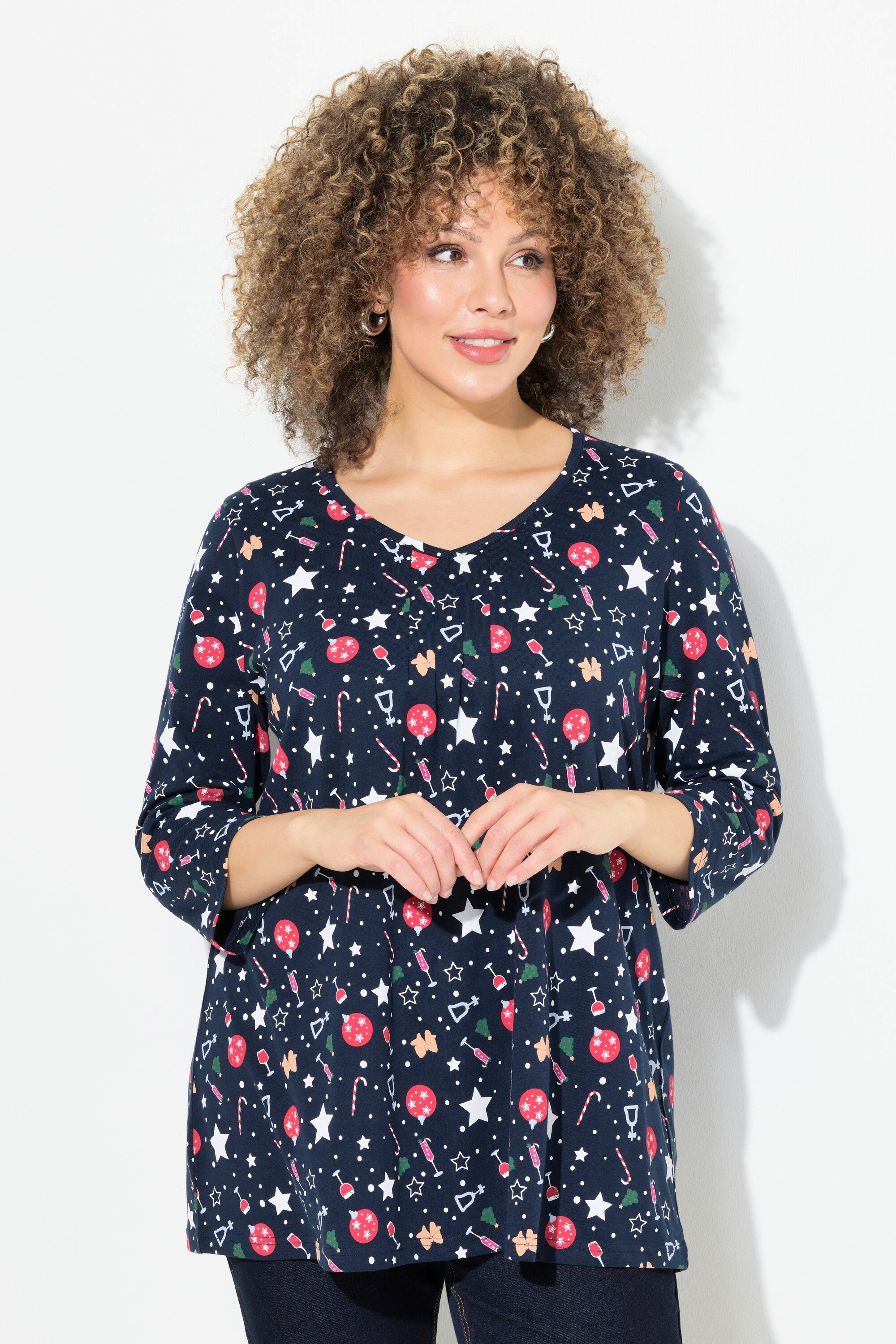 Ulla Popken T-Shirt Weihnachts-Shirt A-Linie V-Ausschnitt günstig online kaufen