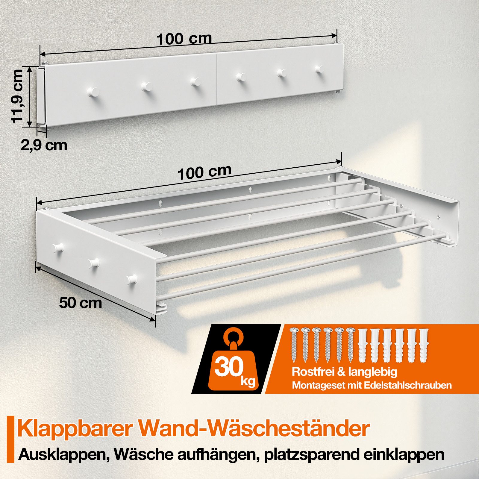 Clanmacy Wandwäschetrockner 100 cm Klappbarer Wäscheständer, Wandtrockner Weiß mit 6 Stangen – Bild 2 von 5