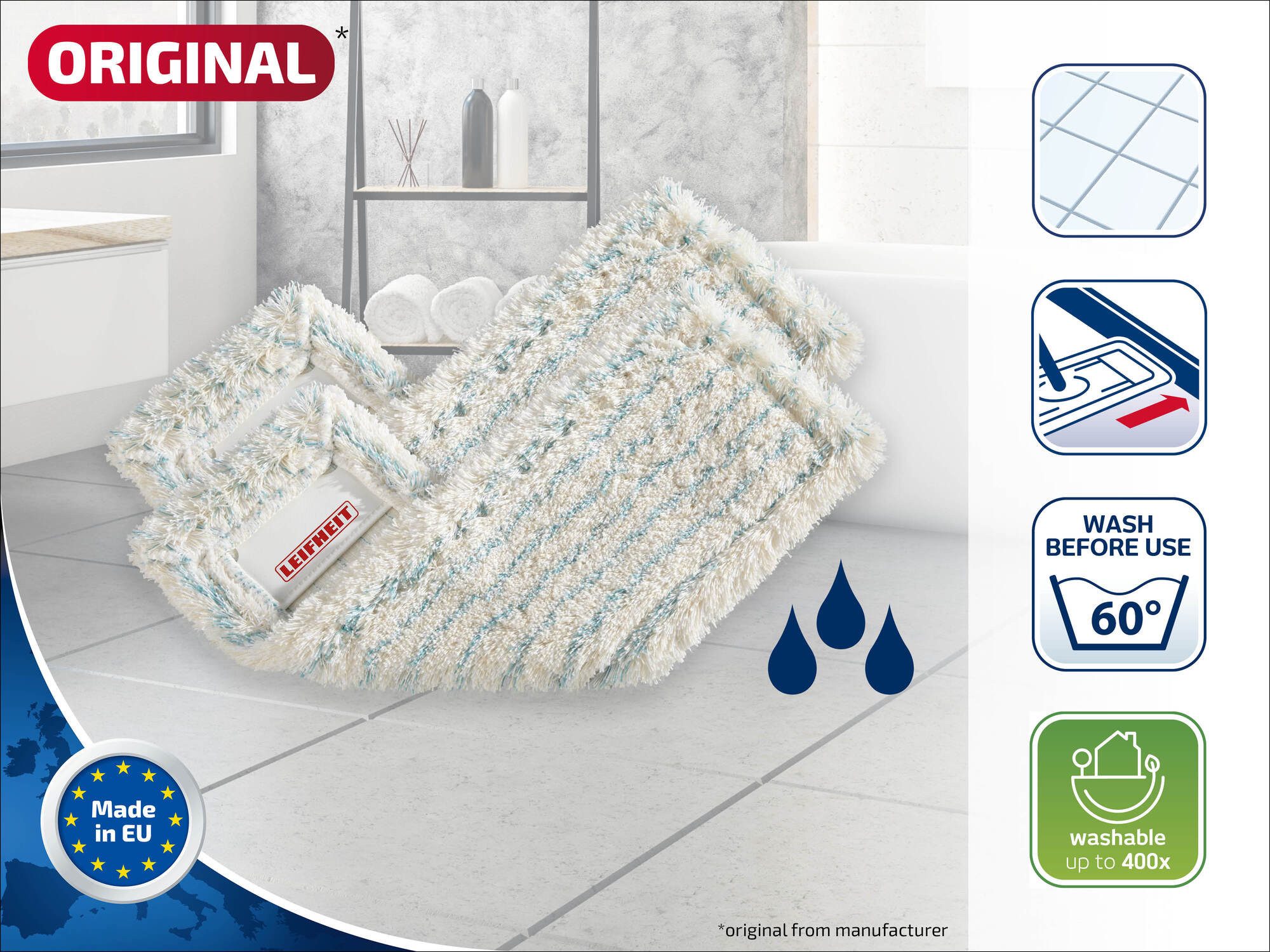 Leifheit Bundle Wischbezug Profi XL cotton plus (2er Set) Wischbezug (Kunstfaser,Baumwolle, 16.0x48.0 cm, 2-tlg., Waschbar bei 60°C, Wischbreite 42cm, für Steinböden und Fliesen)