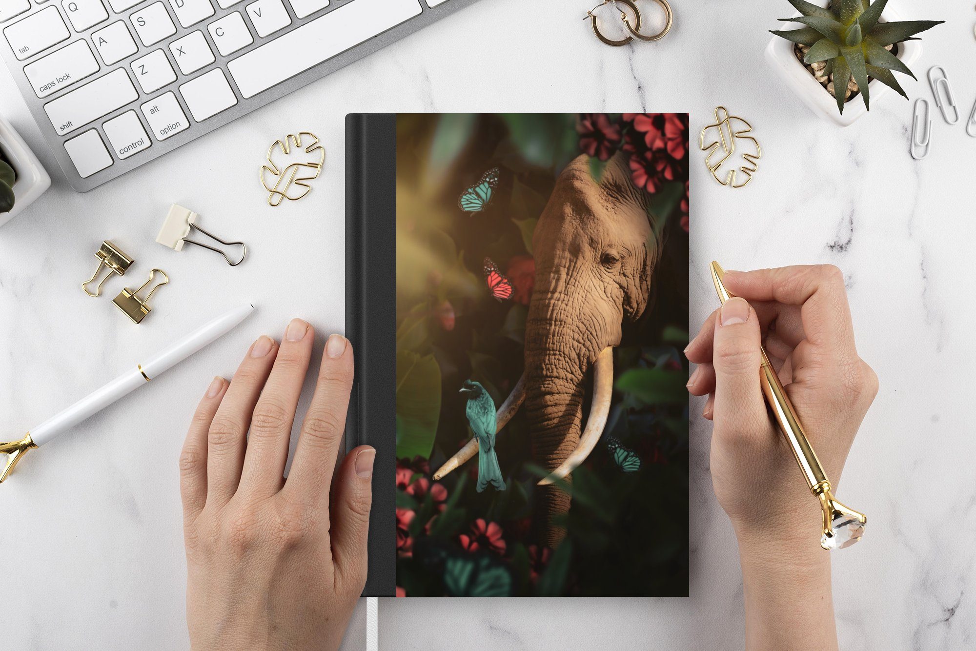 Journal, Dschungel, Elefant Notizheft, Schmetterling 98 Notizbuch Seiten, - Tagebuch, Vogel A5, MuchoWow - Haushaltsbuch Merkzettel, -