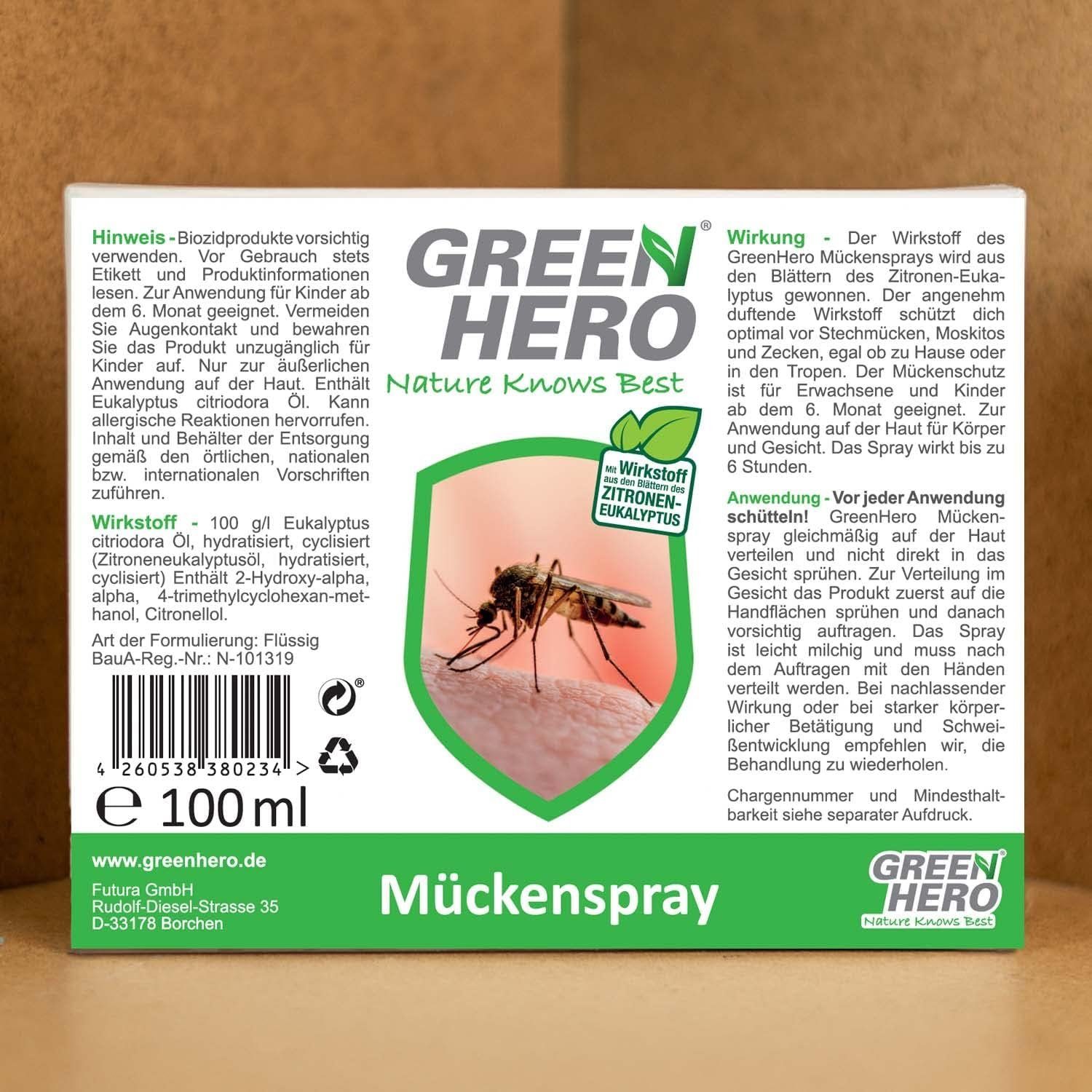 Mückenspray Steckmücken, ml, schützt GreenHero Insektenspray vor Zecken, Moskitos 100 & Mückenschutz