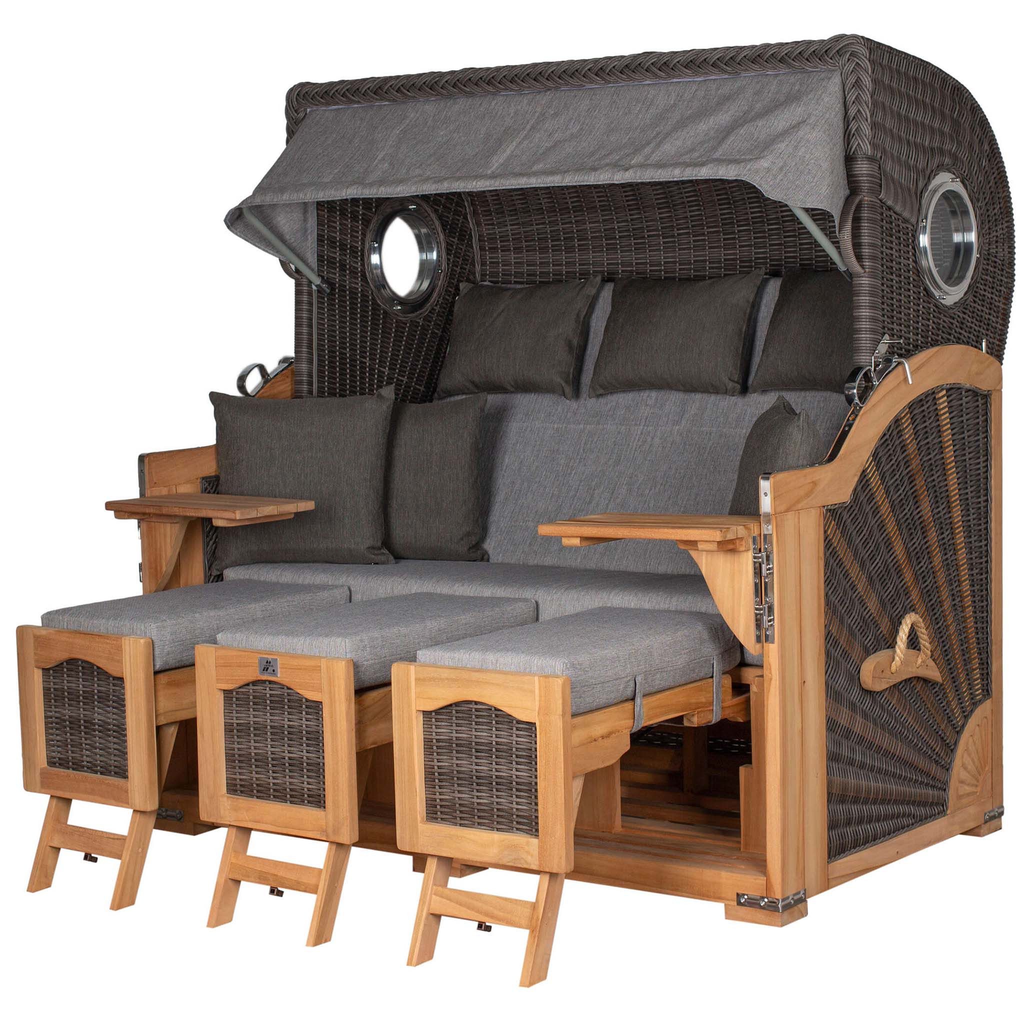 deVries PURE® Strandkorb Seemöwe XXL - PE stone grey - Dessin 466, BxTxH: 165x95x163 cm, Halblieger, Ostsee-Strandkorb, (Strandkorb-Komplettset, 2-tlg., 3-Sitzer Strandkorb mit Polstern und Premium-Schutzhaube), Windschutzfolie, bequeme Kissenausstattung, Schutzhülle