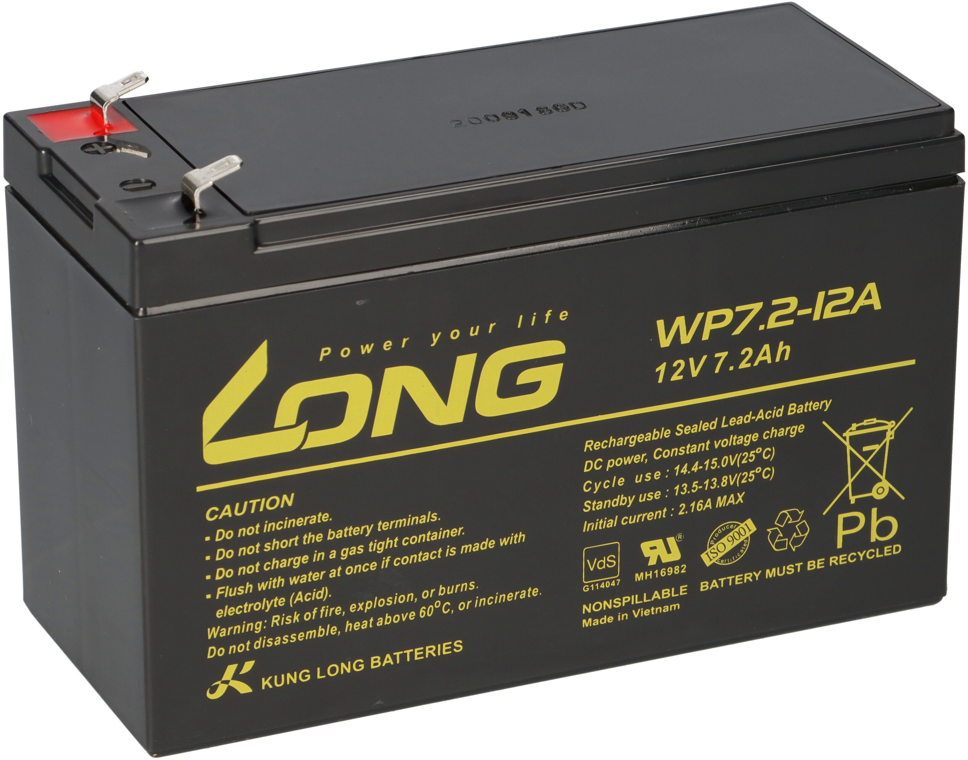Kung Long Kung Long VdS WP7.2-12A F1 12V 7,2 Ah Blei AGM Akku 4,8mm Faston Bleiakkus