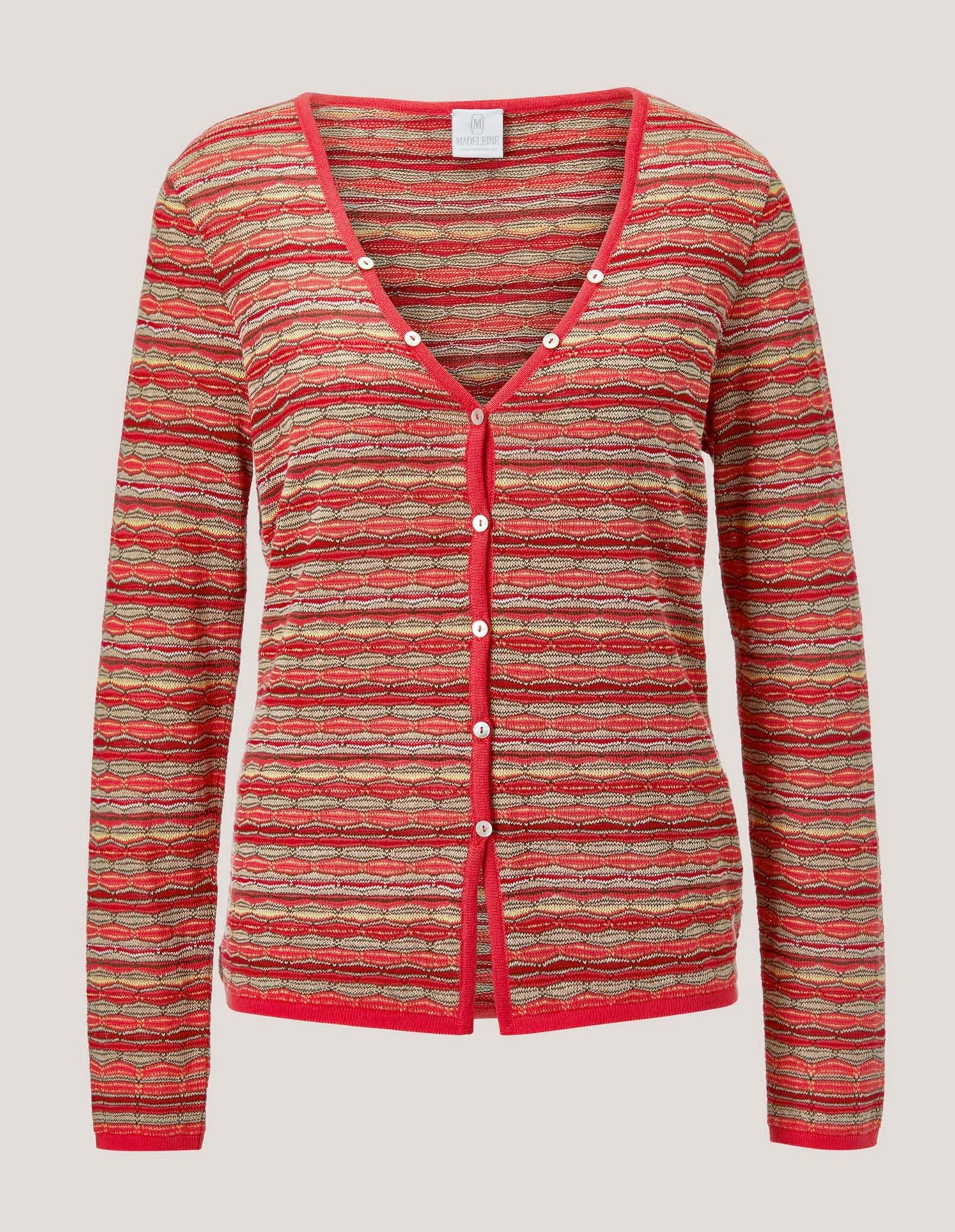 MADELEINE Strickjacke Modische Strickjacke mit Streifenmuster Mehrfarbige Streifen, tiefer V-Ausschnitt, dekorative Blenden