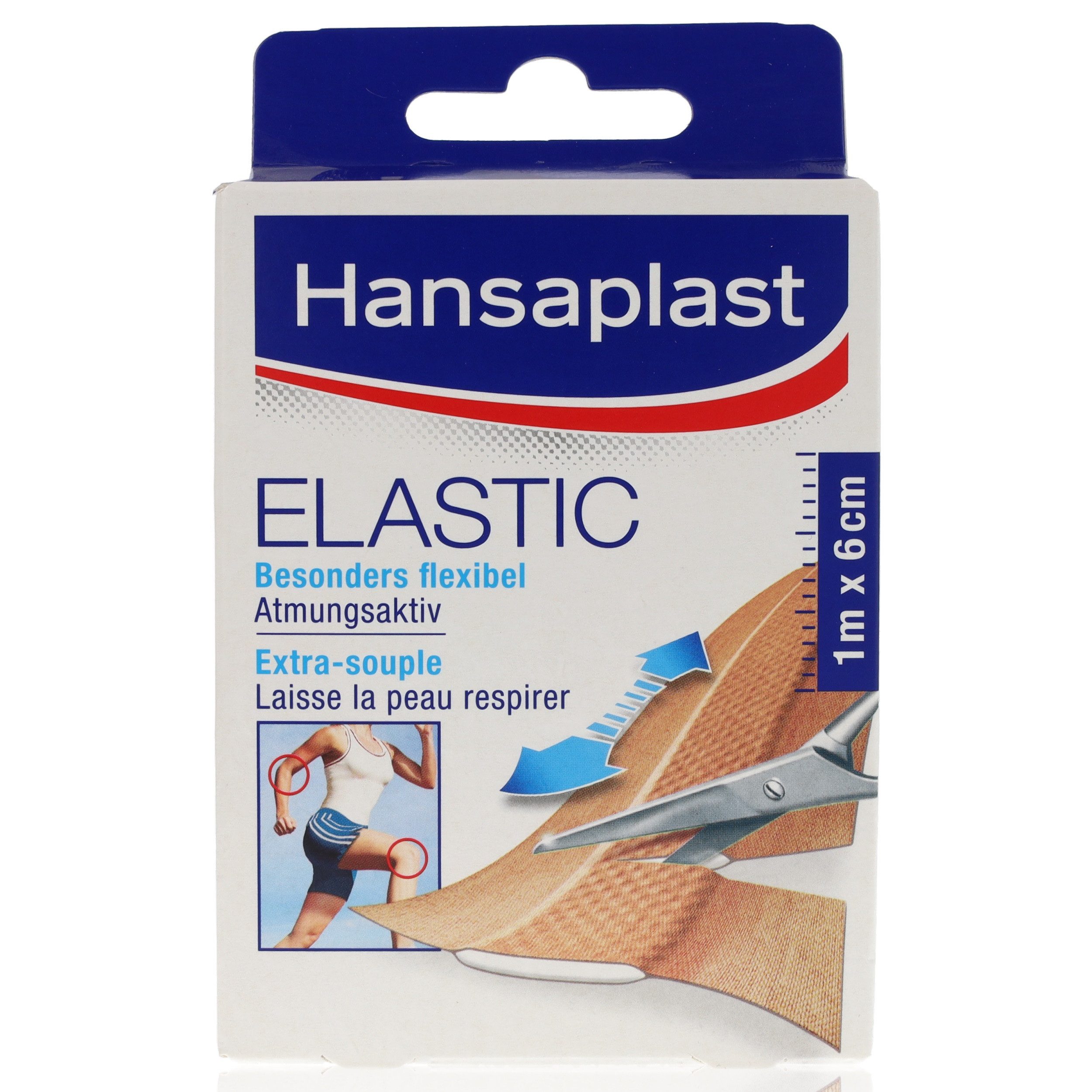 Hansaplast Wundpflaster Hansaplast Elastic 6cm x 1m (auf Bedarf / Größe der Wunde zuschneidbar, 1 St., extra breit: 6 cm), Besonders elastische, wasserabweisende Wundpflaster