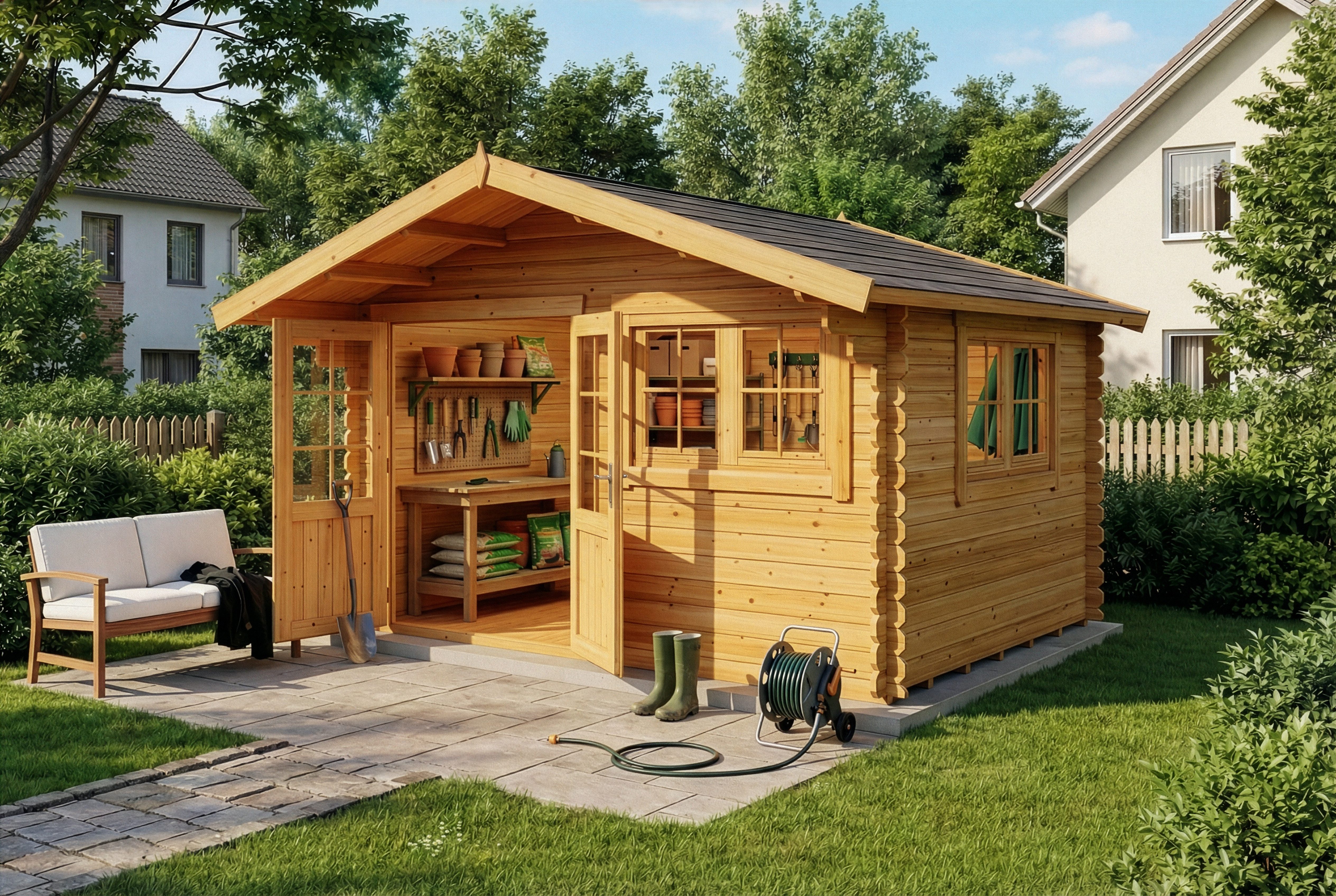 Alpholz Gartenhaus Holz Gabriel 400 x 300 cm, BxT: 435x367 cm, in Imprägniert (Pinie) Inkl. Fußboden mit 34mm Wandstärke