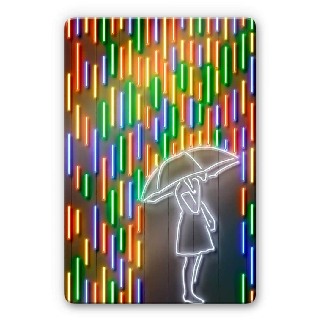 K&L Wall Art Gemälde Neon Glasbild Bunter Regen Illustration by Mielu, Pop Art Glasposter Wohnzimmer