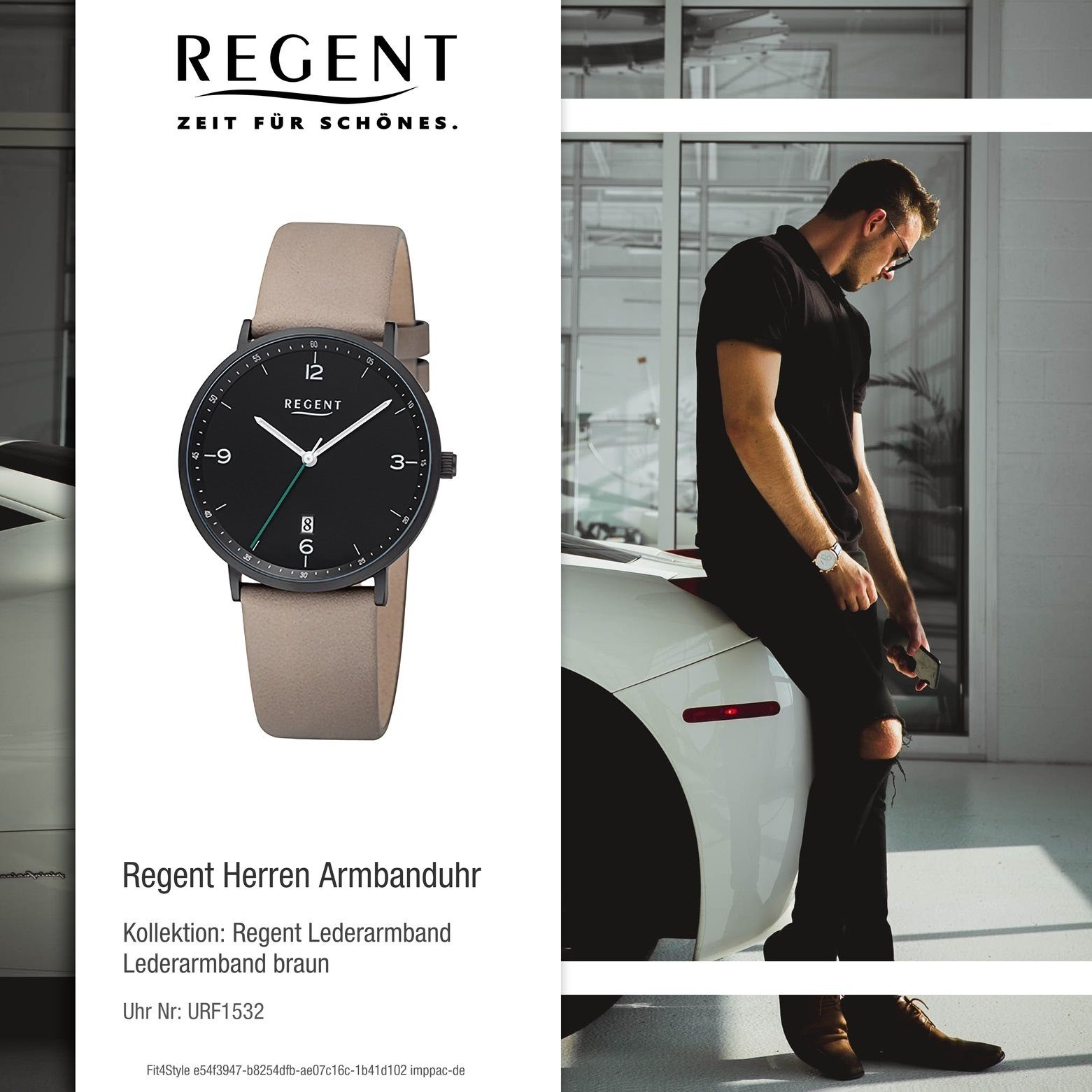 Regent Quarzuhr Regent Herren Armbanduhr rund, Armbanduhr Analog, (ca. Lederarmband Herren 39mm), groß extra