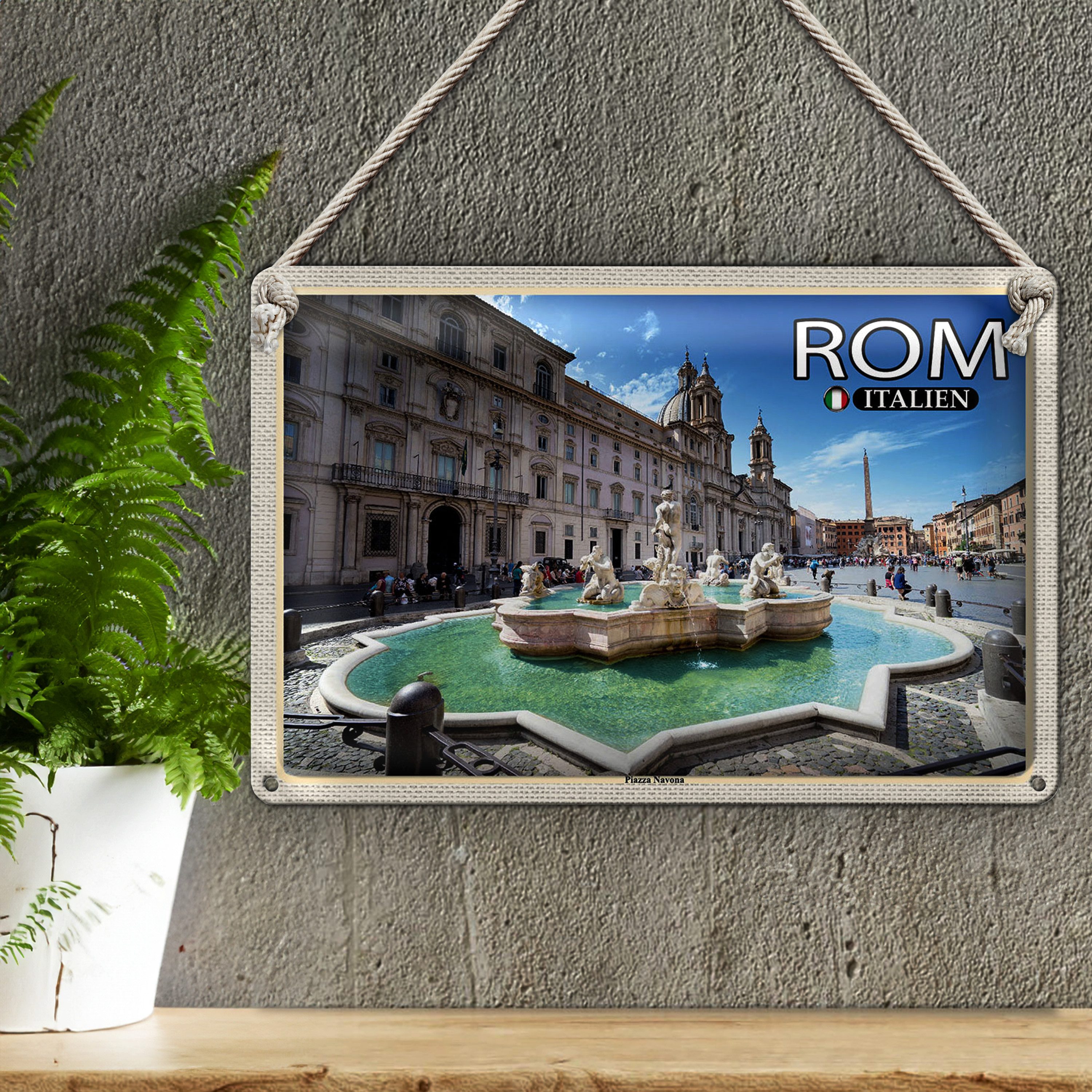 Roomando Metallschild Reise Rom Italien Piazza Navona Skulptur 40x30cm