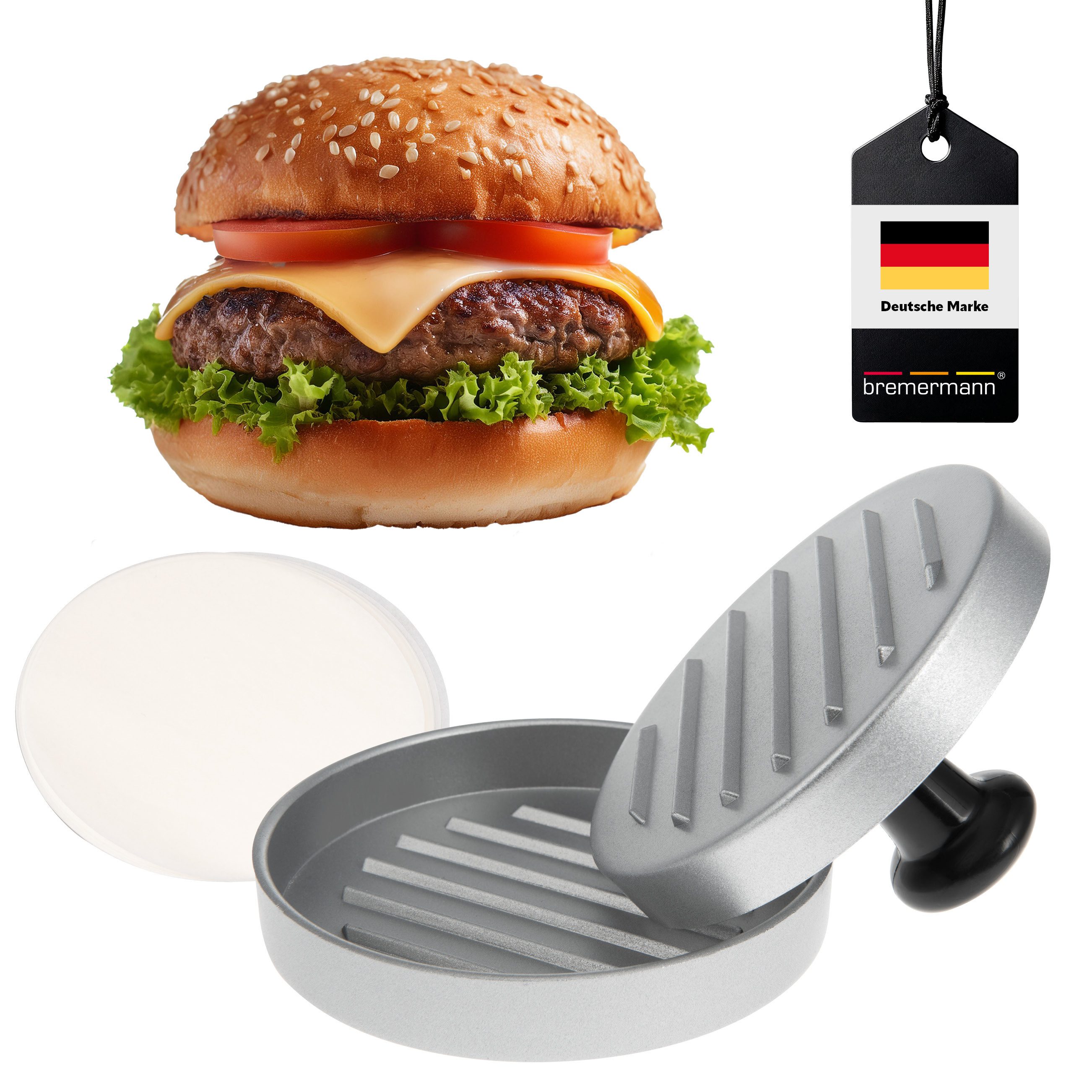 bremermann Burgerpresse Burgerpresse // inkl. 50x Antihaft-Trennblätter // Hamburgerpresse