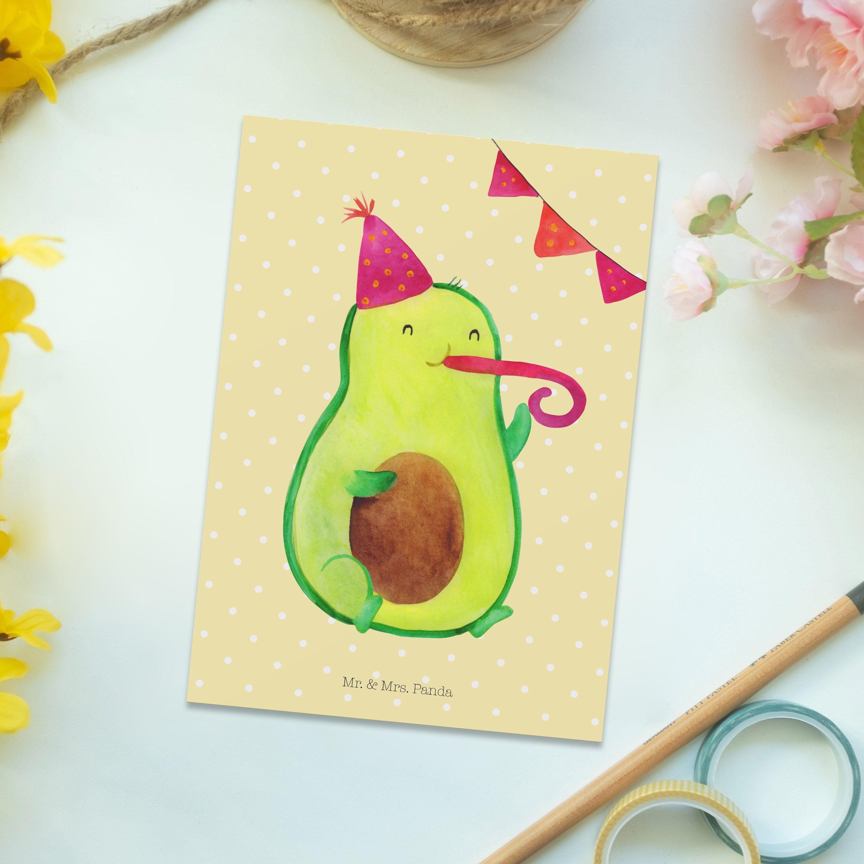 Pastell F - Mr. Avocado Partyhupe Gelb & Postkarte Geschenkkarte, Gesund, Mrs. Geschenk, Panda -