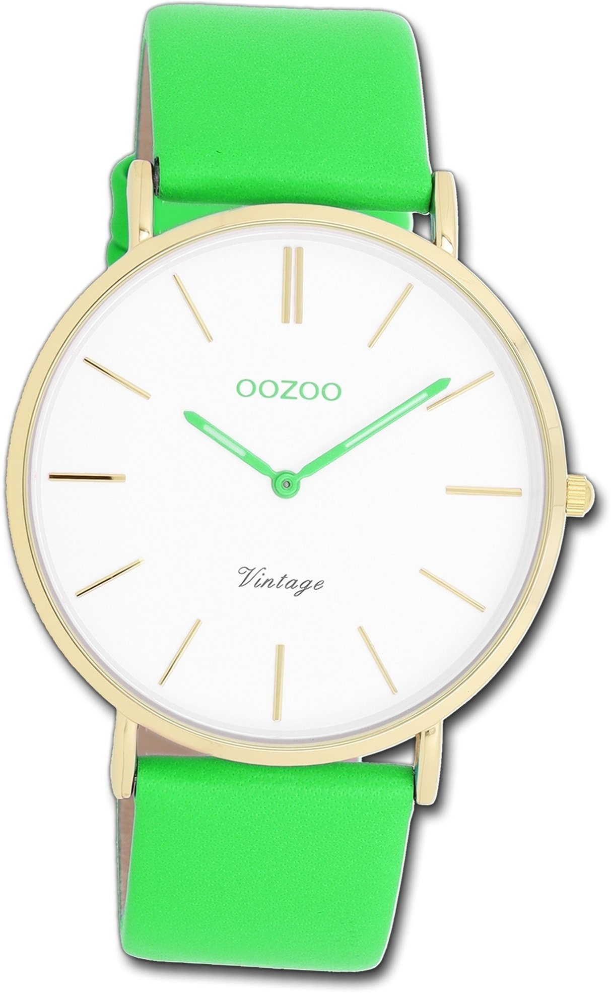 OOZOO Quarzuhr Oozoo Damen Armbanduhr Vintage grün, Damenuhr Lederarmband grün, rundes Gehäuse, groß (ca. 40mm)