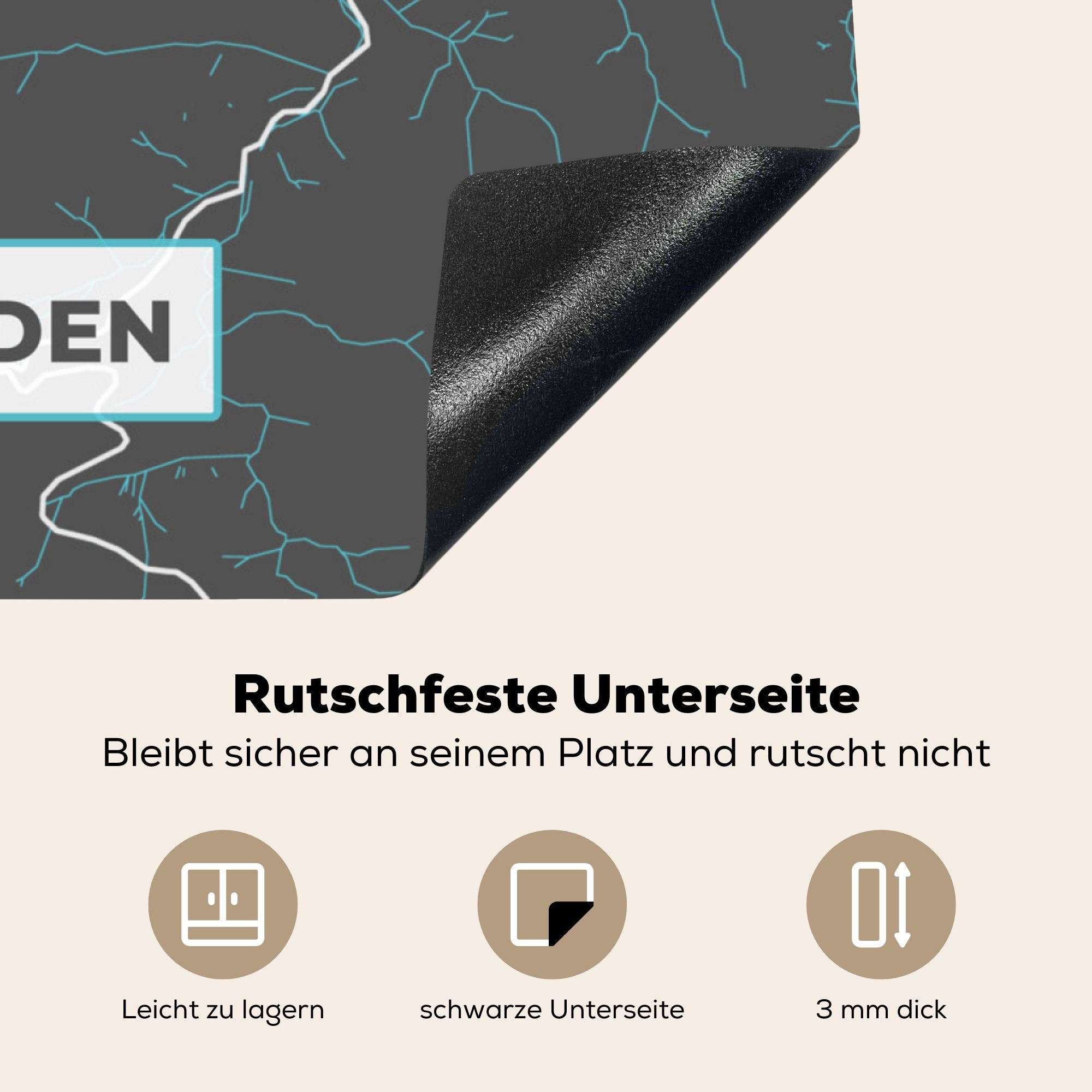 Baden - - tlg), Karte (1 Blau Baden 78x78 Arbeitsplatte - Herdblende-/Abdeckplatte cm, küche Ceranfeldabdeckung, Vinyl, - Deutschland, MuchoWow Stadtplan für