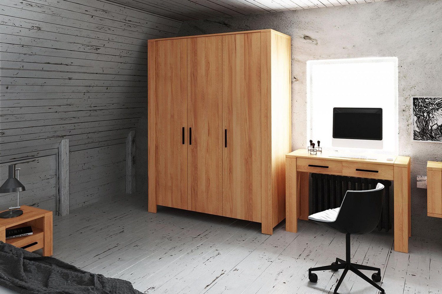 Natur24 Kleiderschrank Kleiderschrank Lubic 3 155x60x205 Kernbuche mit Türen Holzbeinen und