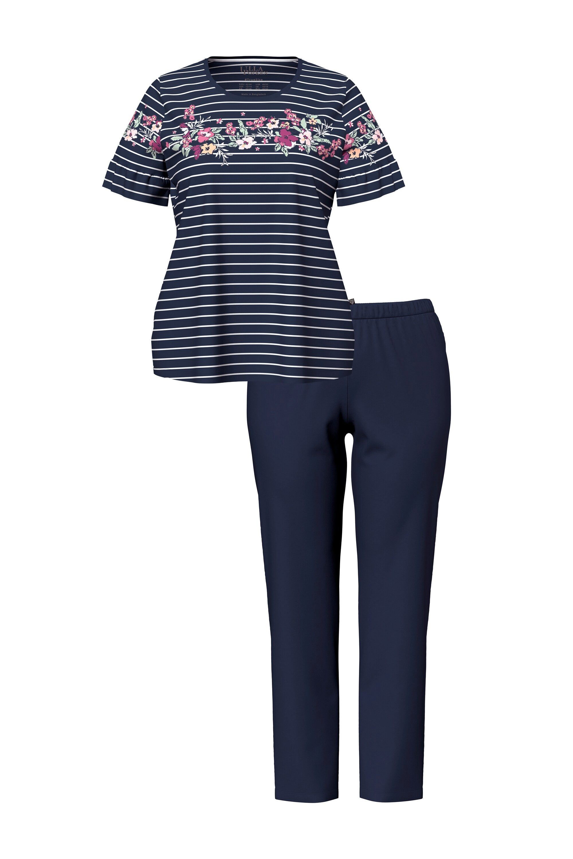 Ulla Popken Pyjama Pyjama Blütenstreifen Rundhals Volant-Halbarm – Bild 2 von 4