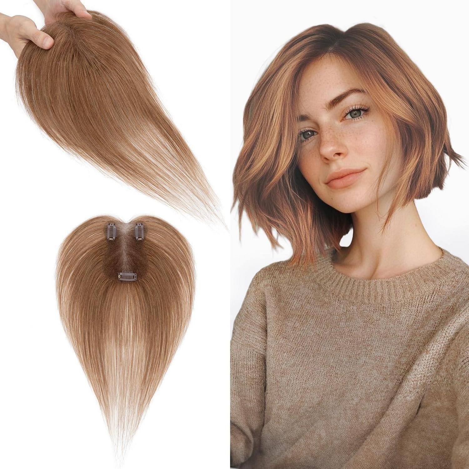 LuxusKollektion Toupet Topper Echthaar Toupet Clip in Damen 27cm (Seitenpony) #6 Hellbraun