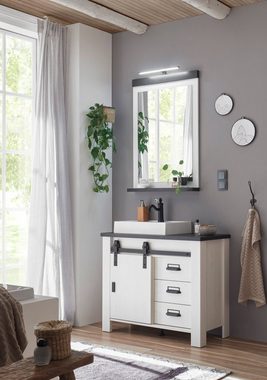 Furn.Design Badezimmer-Set Stove, (Komplett-Set 4-teilig, in Pinie weiß Landhaus), mit LED Spiegellampe, inklusive Waschbecken