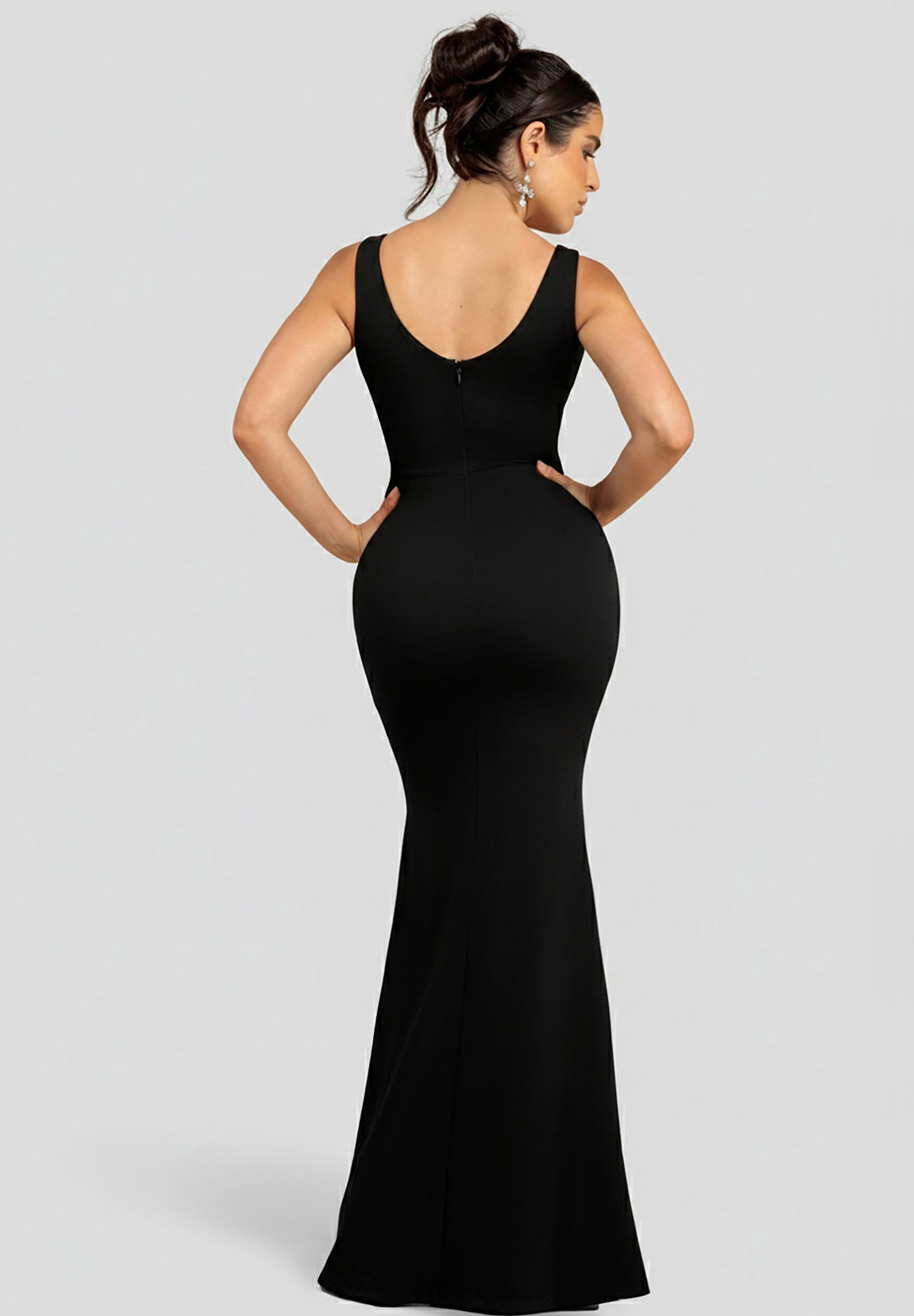 Goddiva Maxikleid Diamante Brooch Thigh Split Mermaid Maxi Dress Lange Kleid, mit Schlitz, V-Ausschnitt