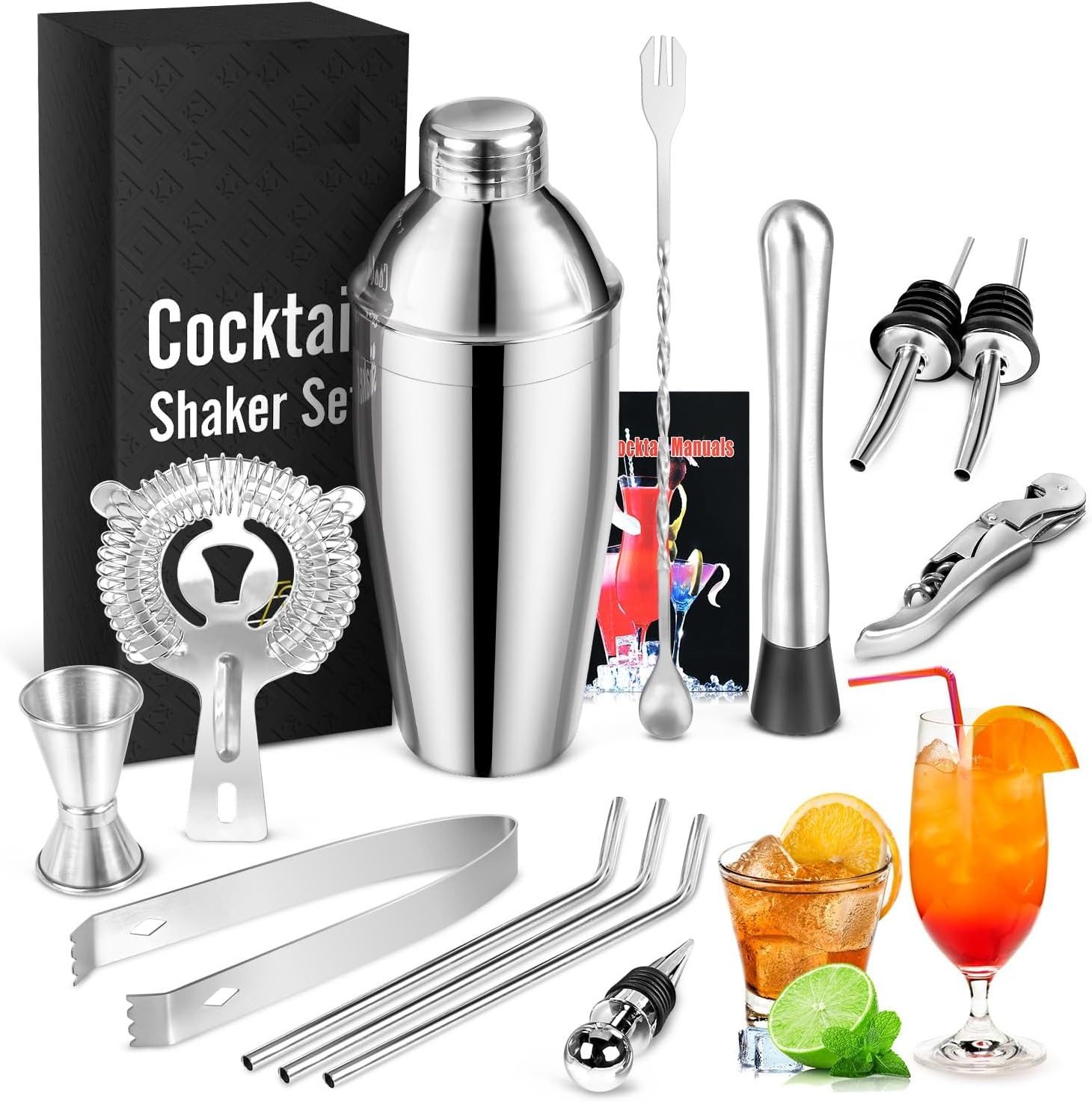 LA CUTE Cocktail-Set Edelstahl Cocktail Shaker Set 14-teilig mit Bar-Tools, Cocktailrezepte, (Cocktail Shaker Bar-Set 14-teilig mit Zubehör für Mixen & Geschenkbox, 14-tlg., 14-teiliges Edelstahl Cocktail Shaker Set für Zuhause & Bar), Auslaufsicher, spülmaschinenfest, kratzfest, edle Geschenkbox
