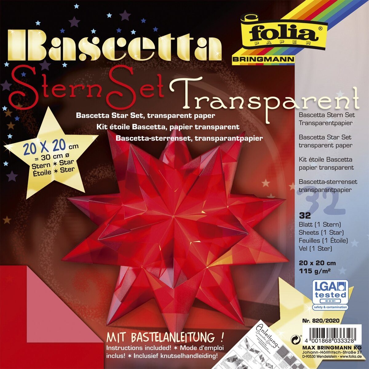 Folia Bastelfilz Bascetta Stern - rot transparent Ø 30 cm.