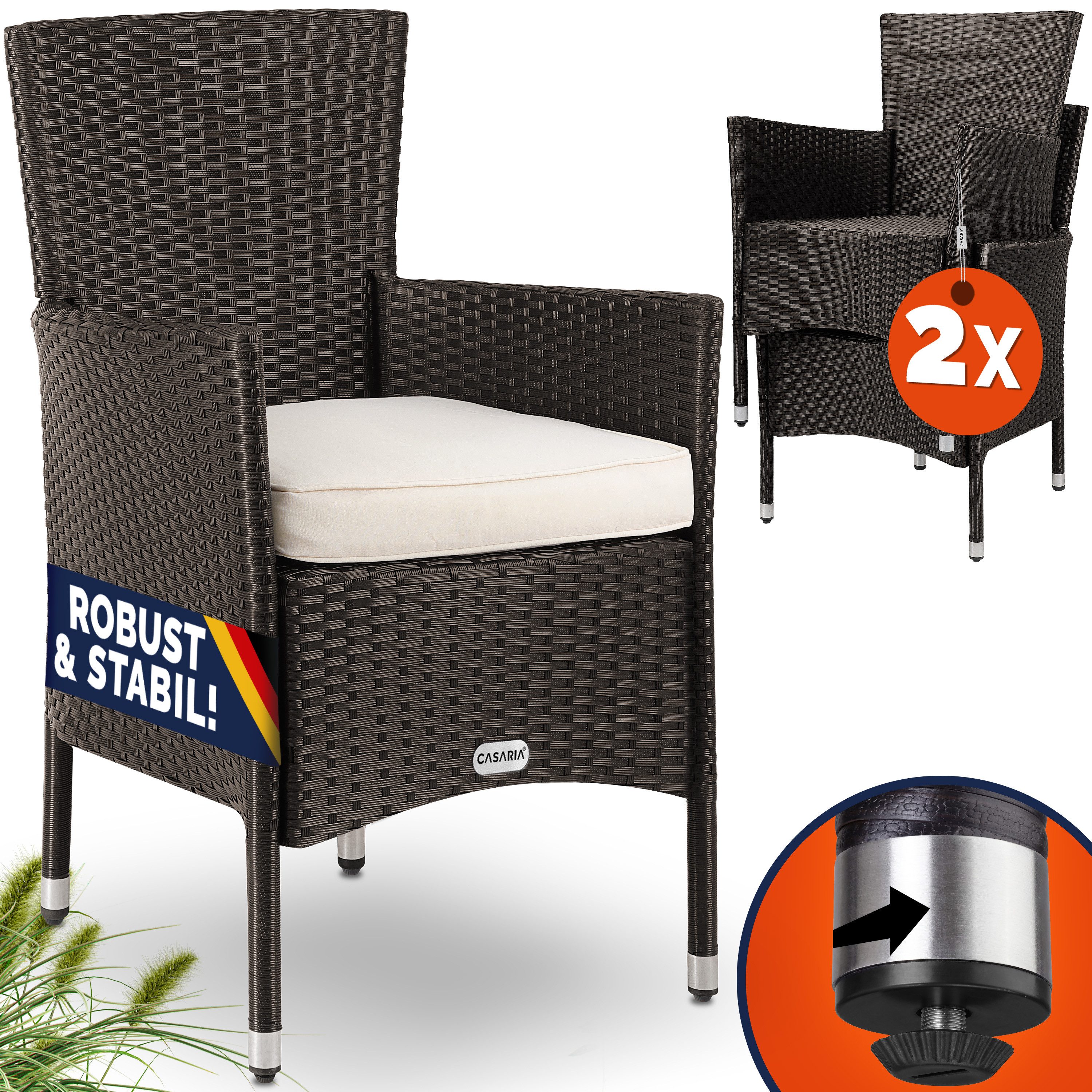 Casaria Gartenstuhl (2 St), Polyrattan 2er Set Stapelbar 7cm Auflagen 160kg Belastbarkeit
