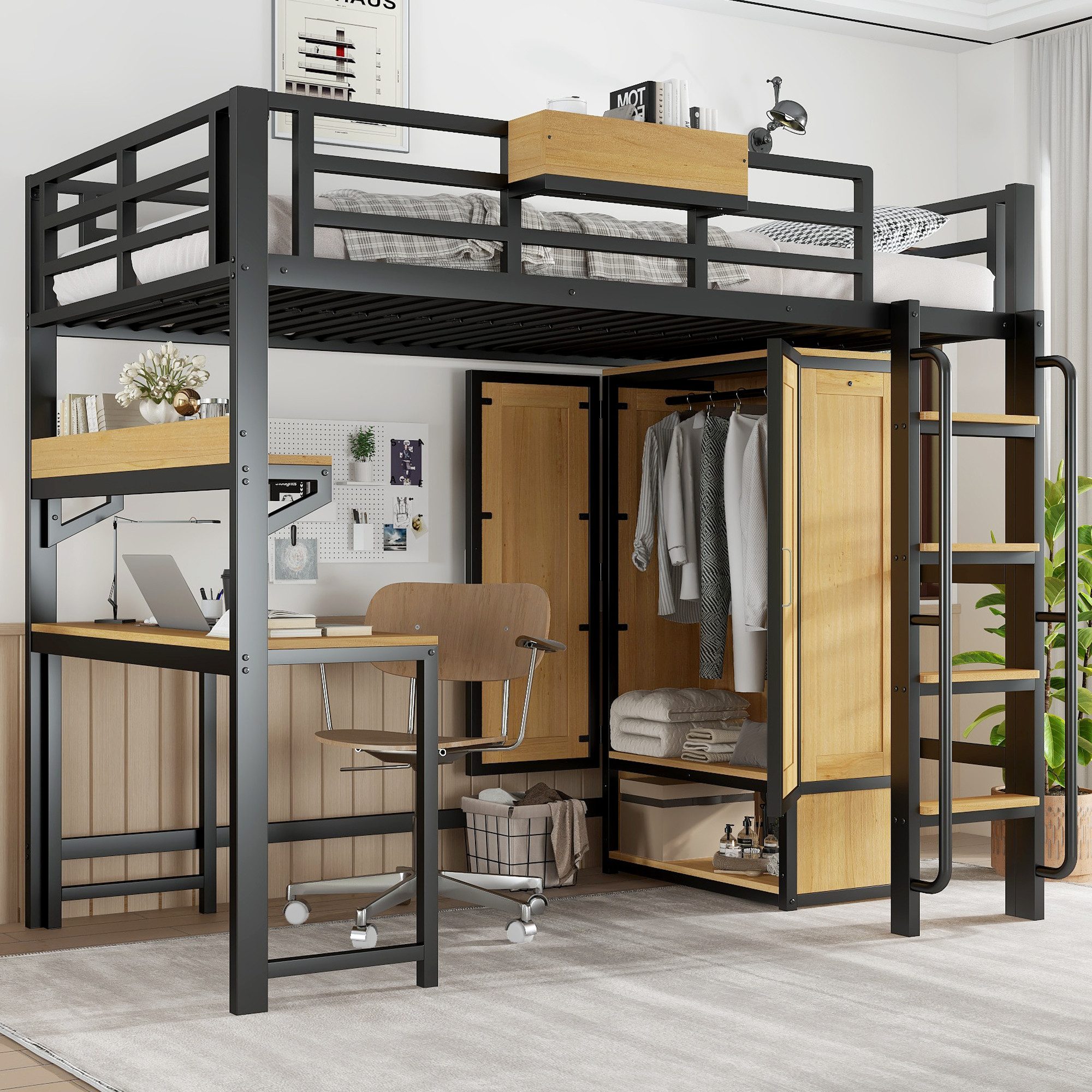 Odikalo Hochbett 90x200 Metallbett mit Schreibtisch & Kleiderschrank (Eisen günstig online kaufen