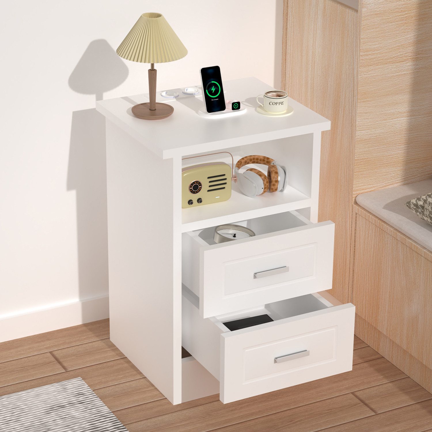 oyajia Nachttisch mit Beleuchtung LED und Ladefunktion USB & Type-C, Nachtschrank mit 2 Schubladen und 1 offener Ablage