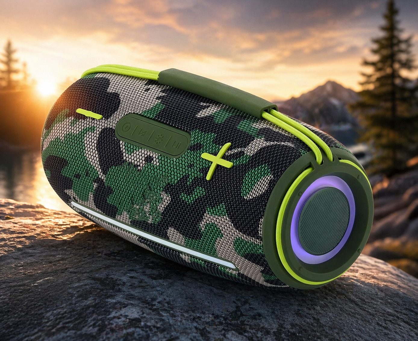 JTC-24 Bluetooth Outdoor Lautsprecher CamoBeat20 Bluetooth-Lautsprecher (20 W, 20 Watt, Bluetooth, AUX, microSD, USB, TWS, RGB Beleuchtung, IPX6)