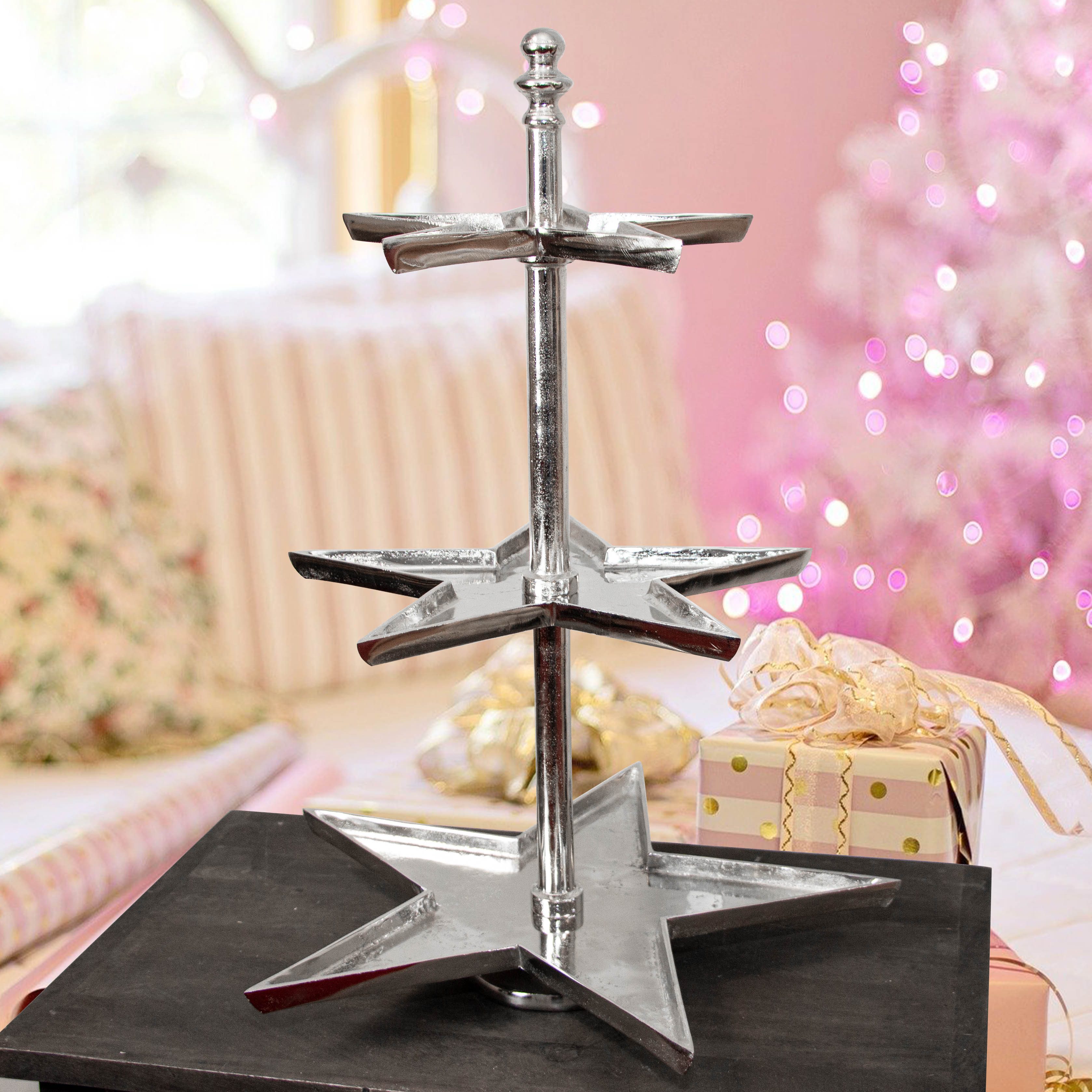 Antikas Wanddekoobjekt Etagere, Stern, Groß, 3 Etagen, Aluminium, gebürstet, Weihnachten
