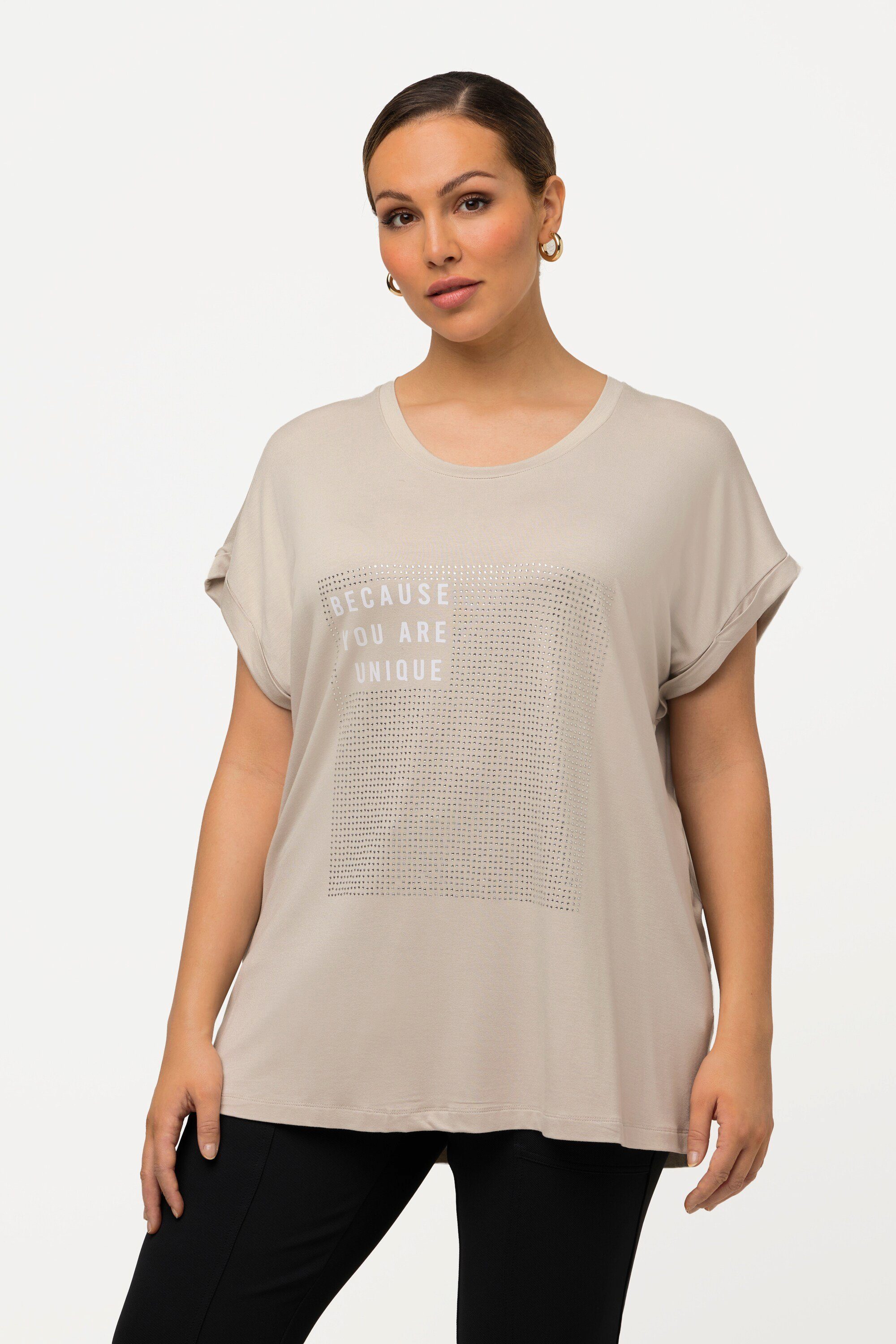 Ulla Rundhalsshirt Rundhals T-Shirt Popken Schriftdruck Oversized Halbarm grau