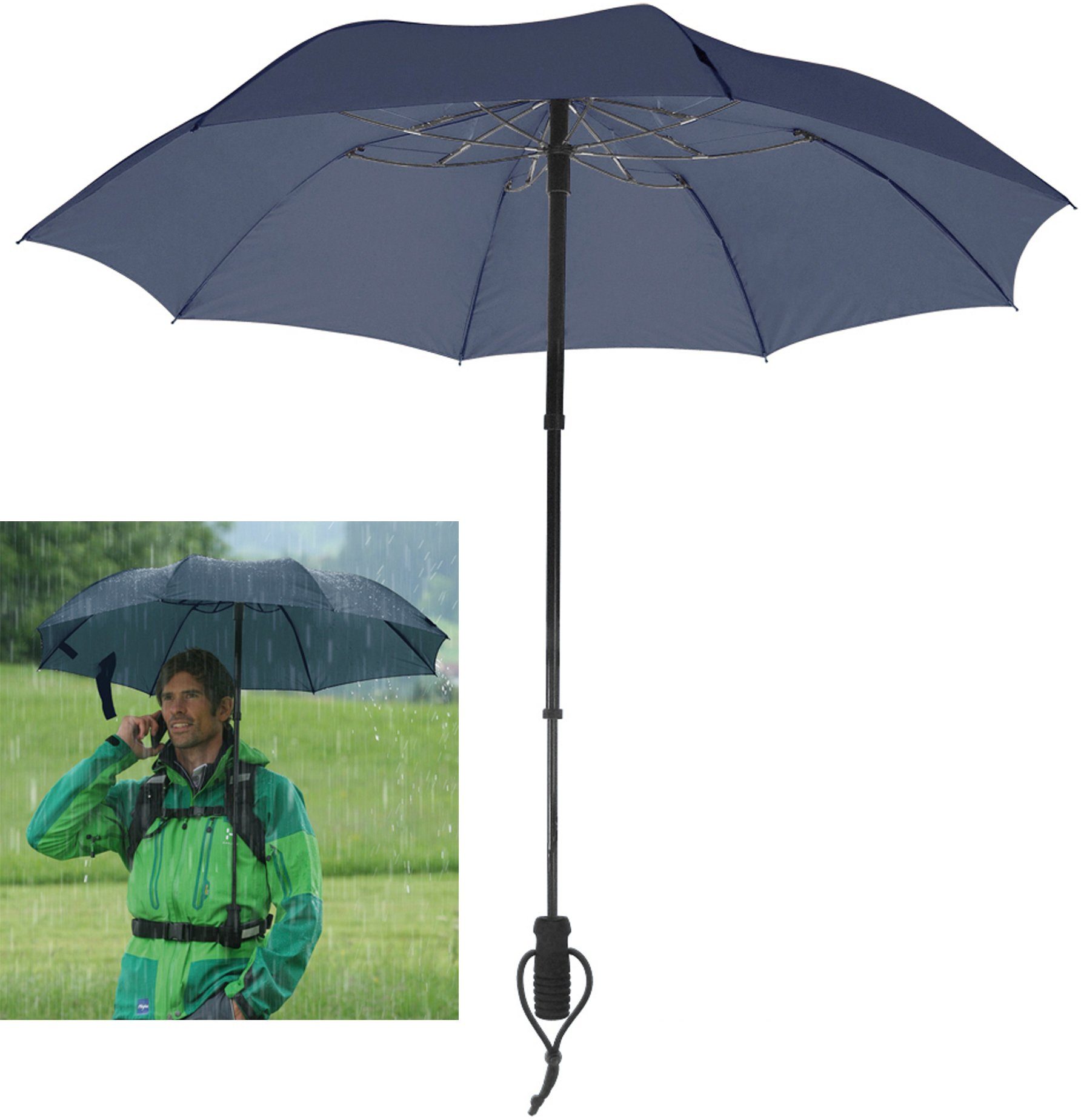 EuroSCHIRM® befestigt Taschenregenschirm handsfree, marineblau, werden jedem an Kann Rucksack und tragbar, teleScope mit getragen Hüftgurt handfrei handfrei