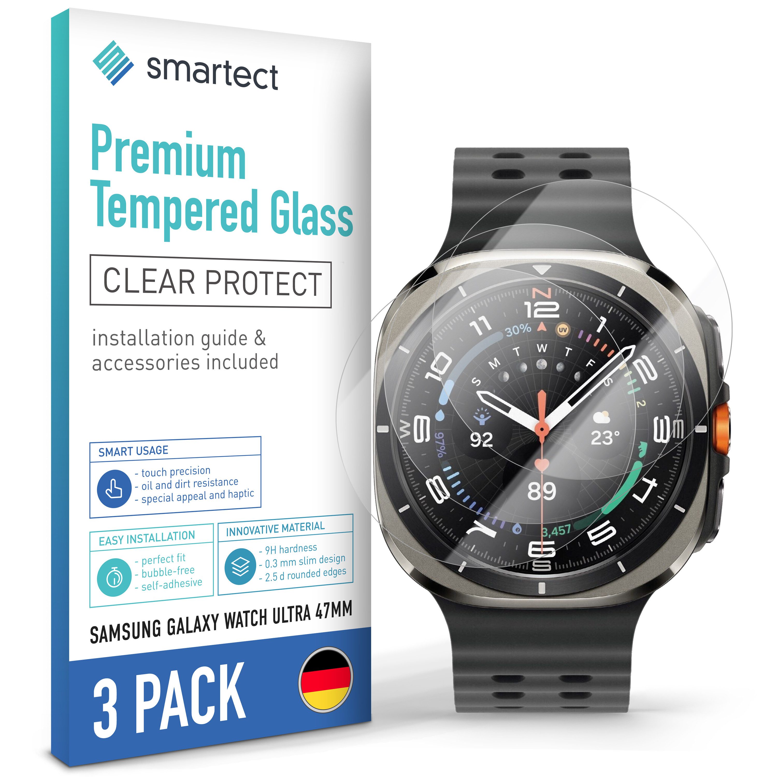smartect Displayschutzglas Schutzglas Panzerfolie Klar für Galaxy Watch Ultra 47mm, Set, 3 Stück, Schutzfolie Glasschutz Bildschirm