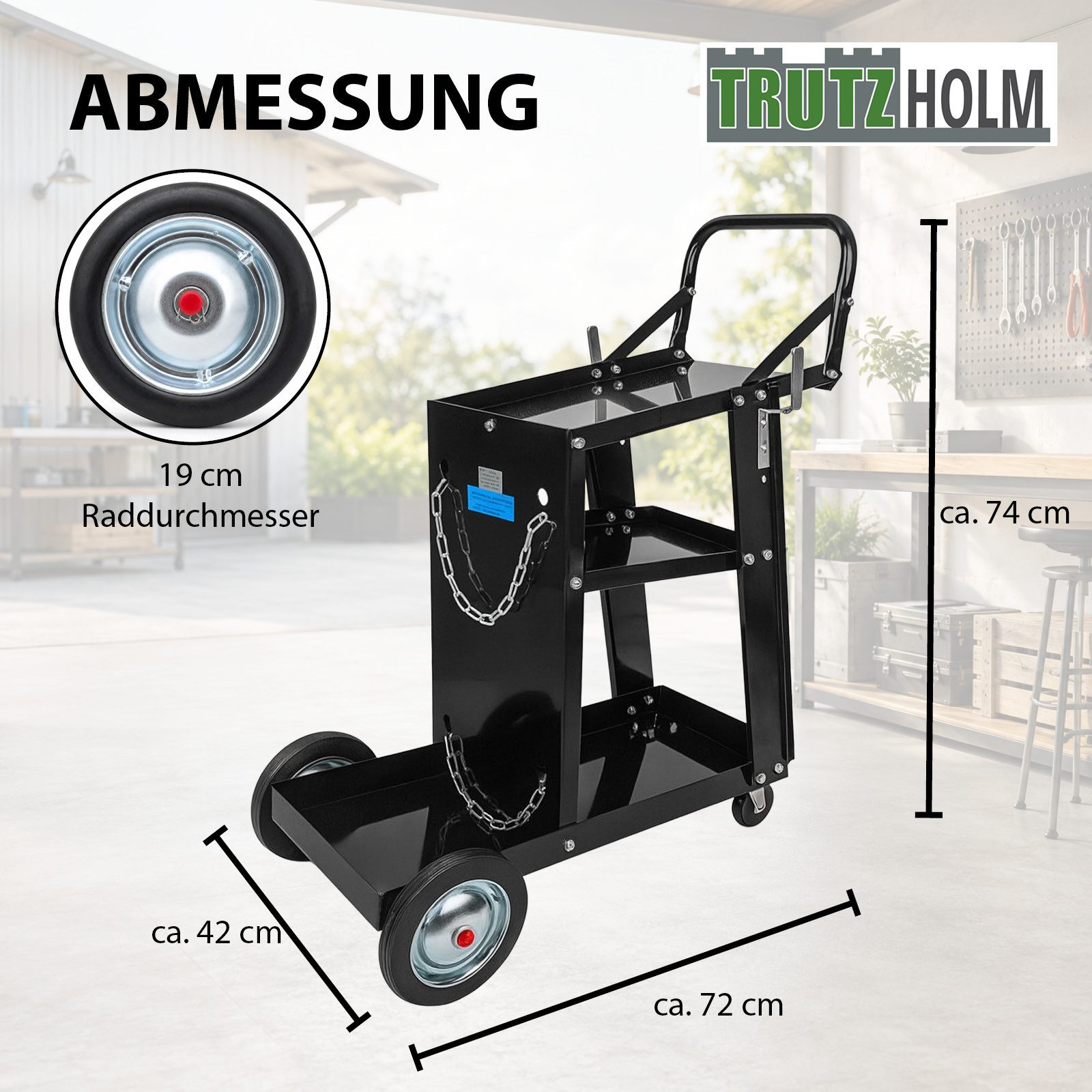 TRUTZHOLM Werkzeugtrolley mobiler Schweißwagen 80 kg Schweißgerätewagen Gasflaschenwagen (Artikel, 1 St), drei Ablageflächen – Bild 3 von 5