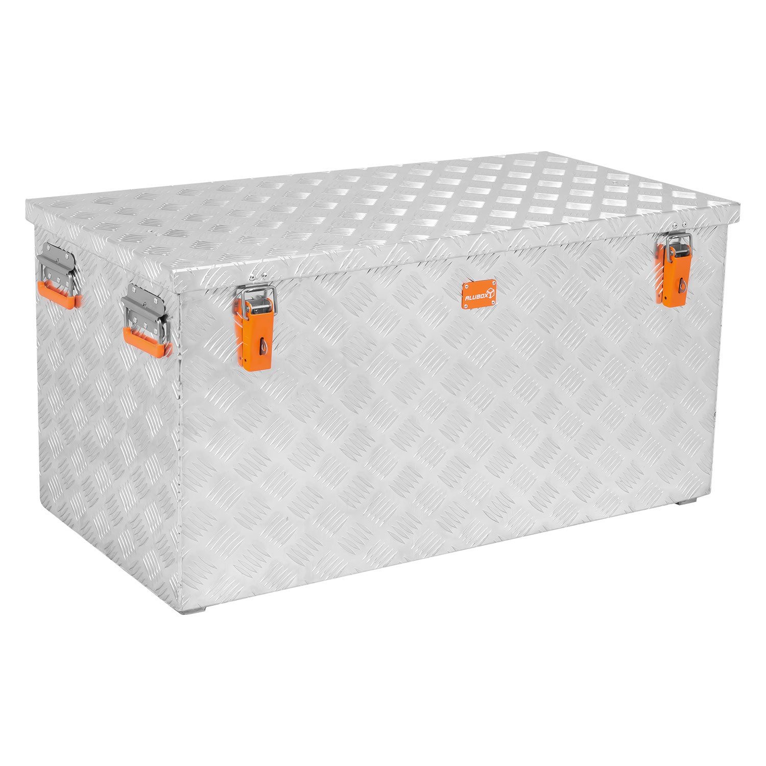 ALUBOX Aufbewahrungsbox aus Aluminiumriffelblech massive Transportkiste (250 Liter), Fangbänder & Gasdruckdämpfer im Deckel