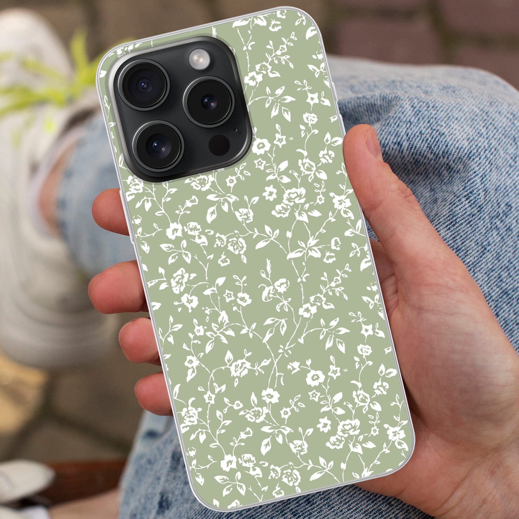 MuchoWow Handyhülle für Apple iPhone 15 Pro Blumen - Druck - Grün - Weiß, Smartphone-Bumper, Print, Handy Schutzhülle Dünn