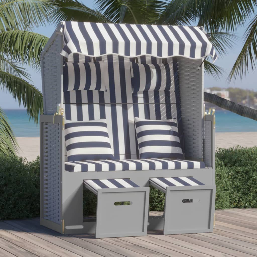 furnicato Strandkorb mit Kissen Poly Rattan und Massivholz Blau & Weiß, BxTxH: 55x55x156 cm, (1-tlg)