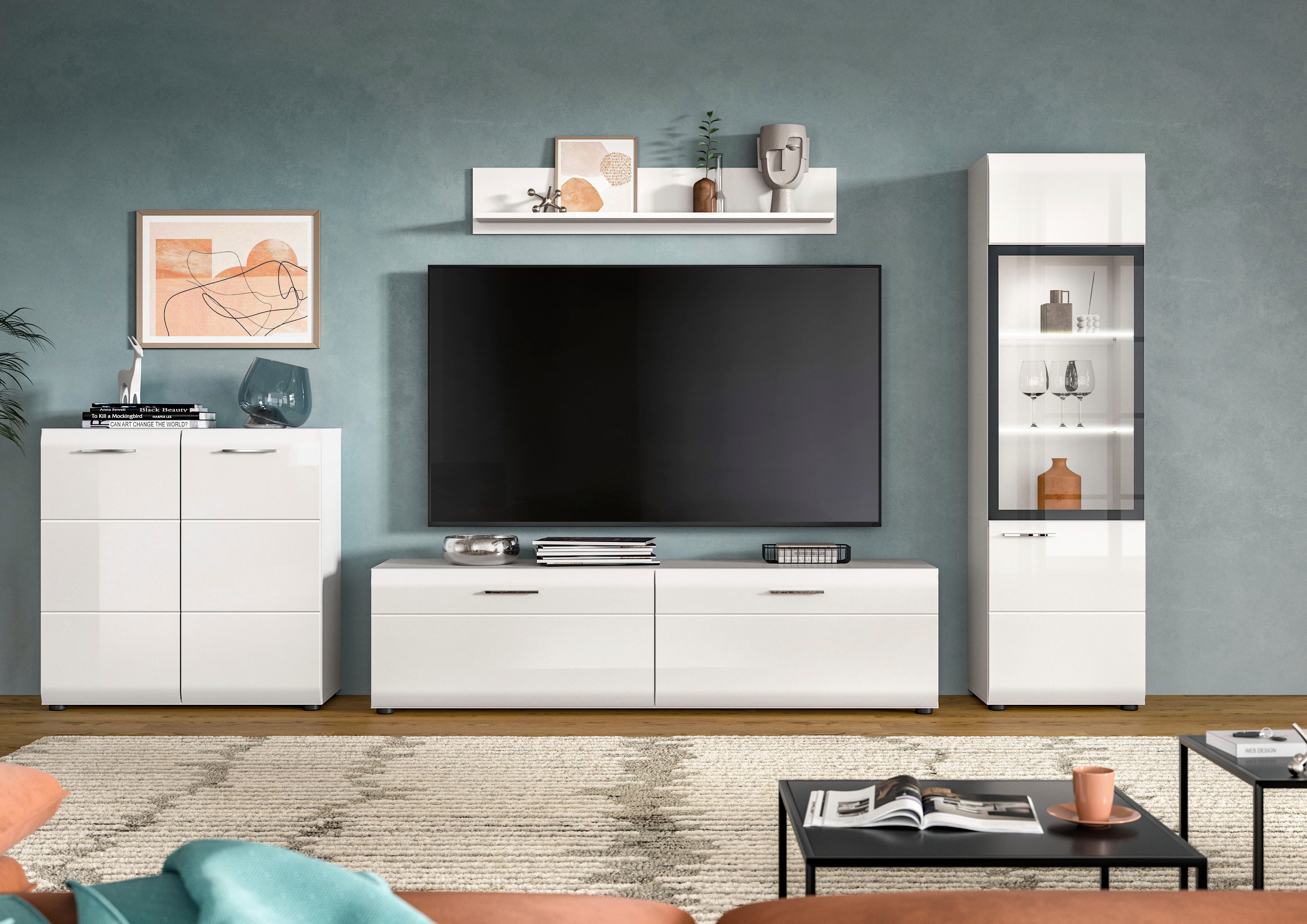 Home affaire Wohnwand FLORENZ, 4-teilige Wohn-Kombination, hochwertige MDF-Front, (Set, 4-St., Set, best. aus: 1 Kommode, 1 Lowboard, 1 Vitrine, 1 Wandboard), Wohn-Kombination, Wohnzimmer-Möbel, Wohnzimmer,Kombination, Kombi