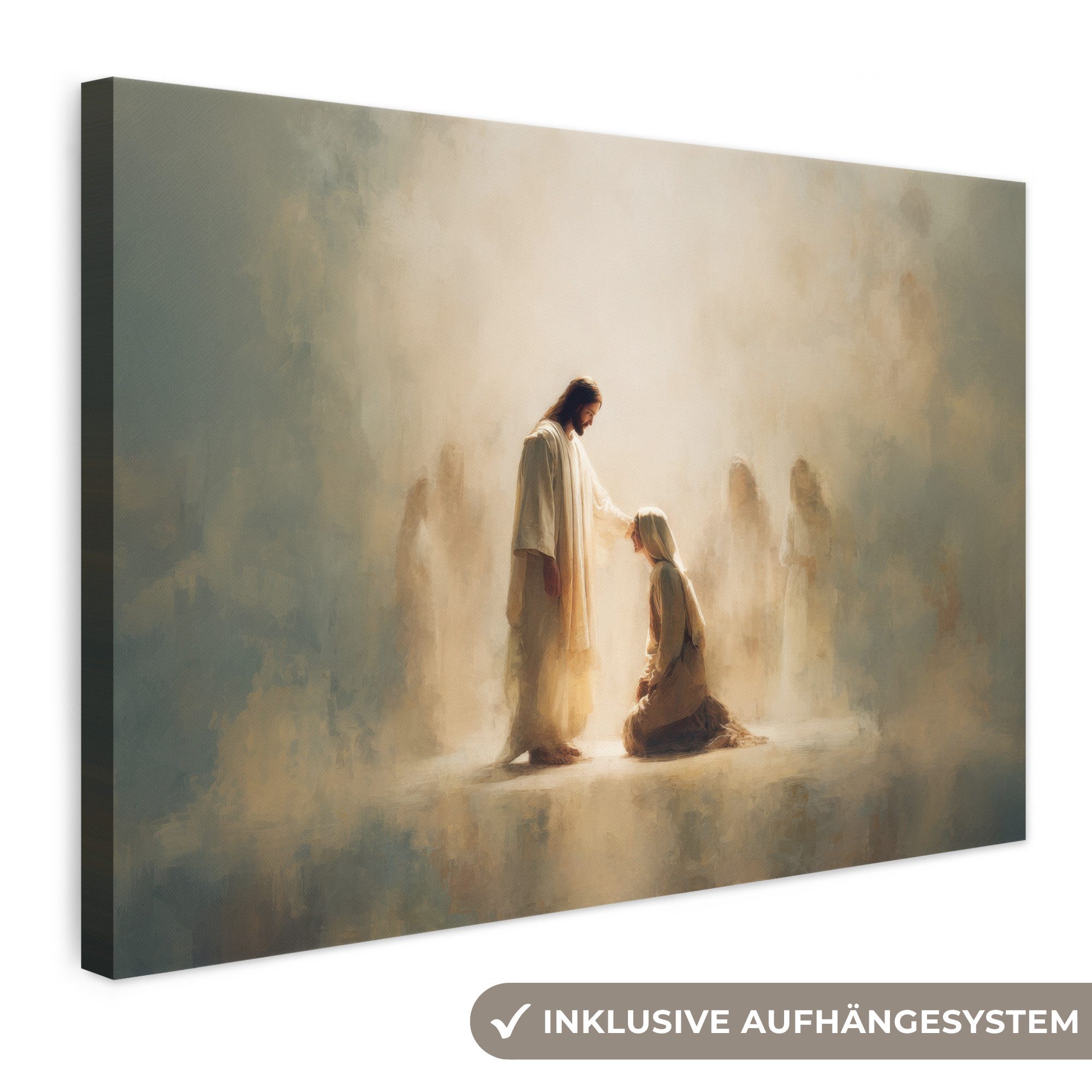 OneMillionCanvasses® Leinwandbild Kniend - Beige - Abstrakt - Jesus, Fotodruck (1 St), Leinwand Bilder Klein, Wand Dekoration Aesthetic 30x20 cm