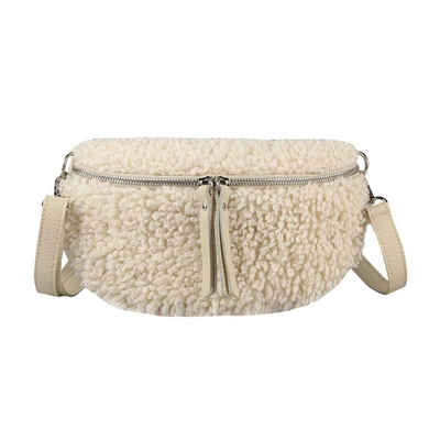 ITALYSHOP24 Bauchtasche Damen Teddyfell Plüsch Hüfttasche CrossBody Leder, als Schultertasche, Gürteltasche, Umhängetasche tragbar