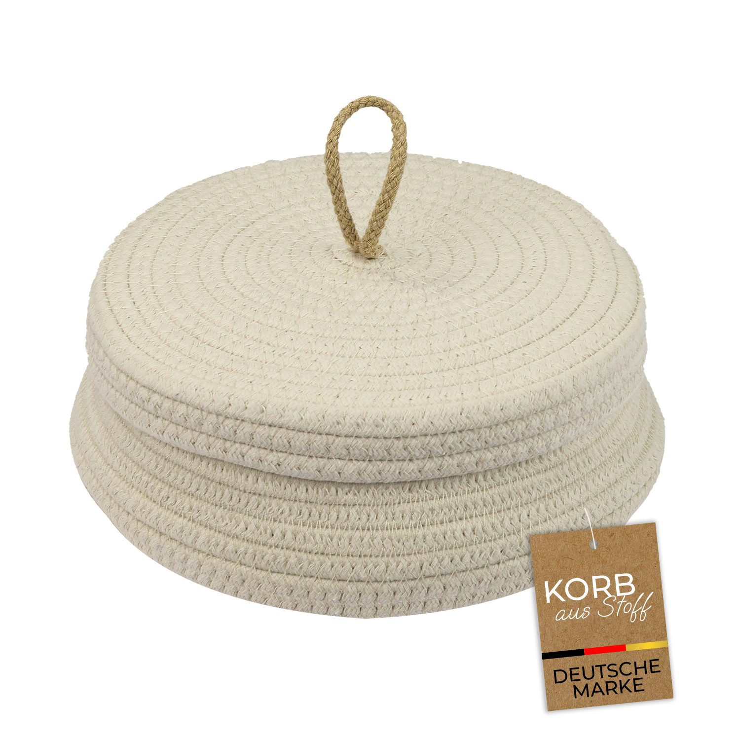 HMF Aufbewahrungskorb Aufbewahrungskorb Badezimmer rund, Korb mit Deckel, aus Baumwolle, Badezimmerkorb, Flach, 25,5 x 11,5 cm, Creme