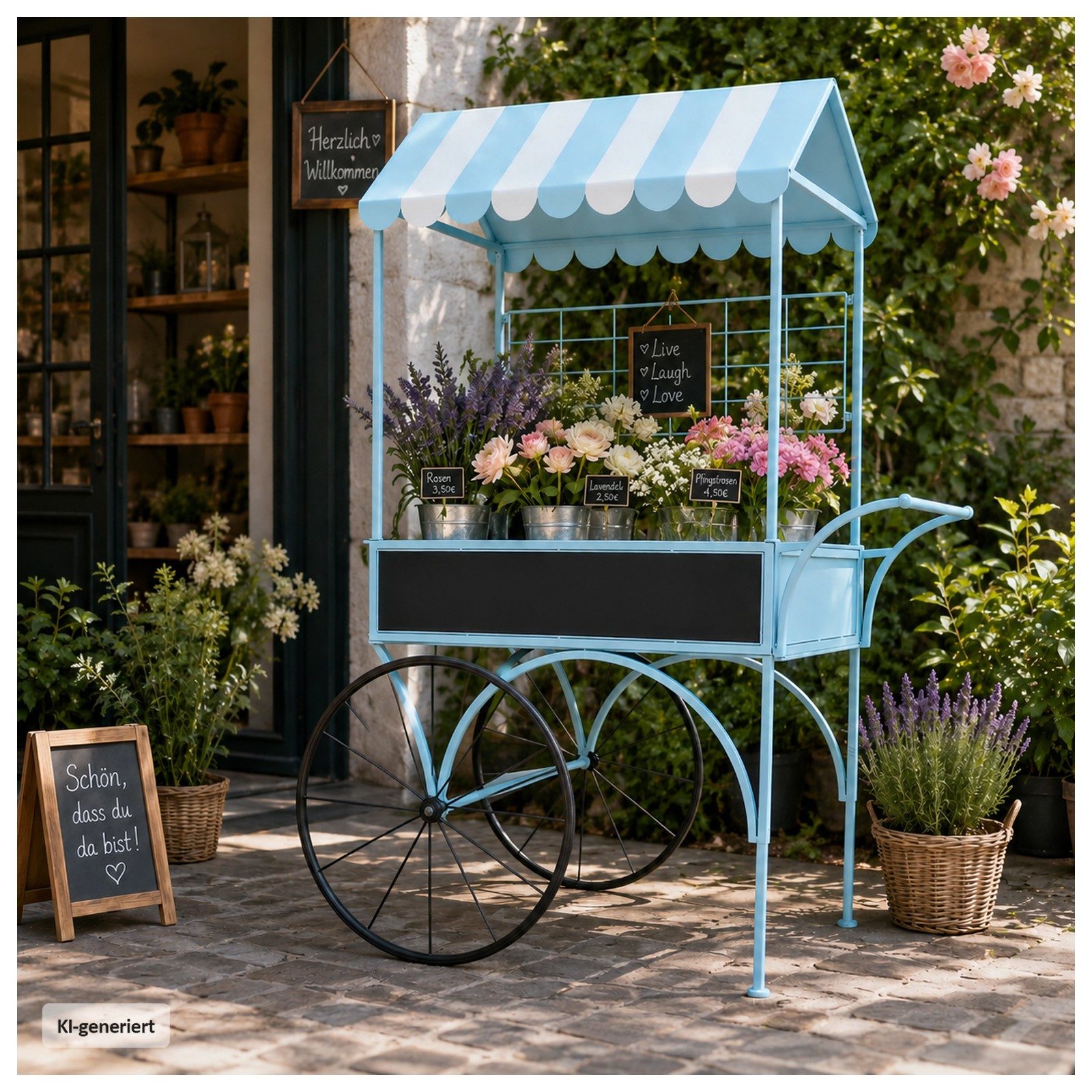 HTI-Living Gartenfigur Dekorativer Blumenwagen aus Metall blau Vintage Buffetwagen für Garten, (1 Marktwagen ohne Dekoration), Marktwagen auf Rädern