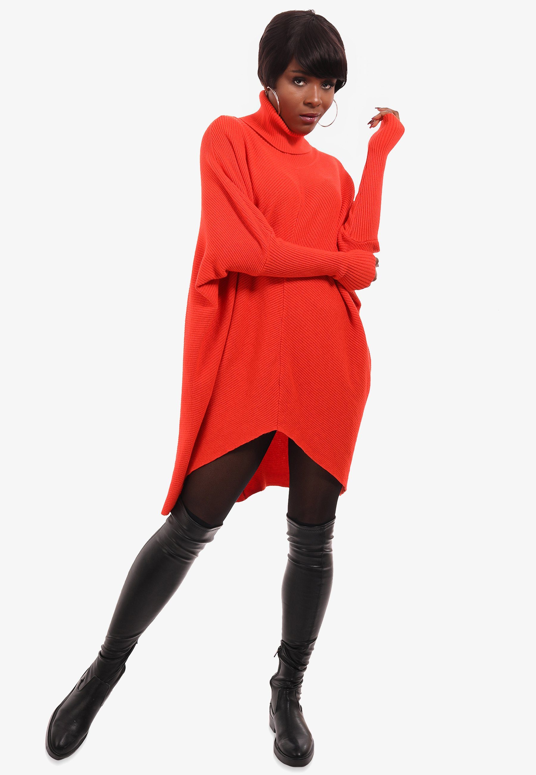 YC Fashion & mit lachsrot in Longpullover Rollkragen Size mit asymmetrisch Strickpullover Unifarbe, Plus Style Schultern überschnittenen (1-tlg)