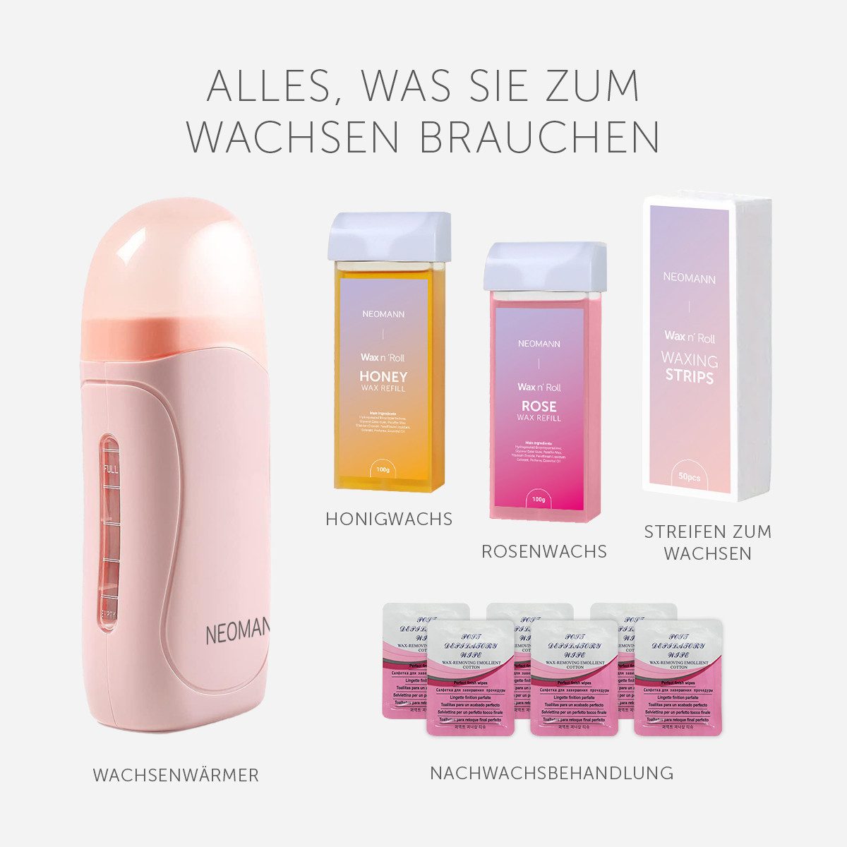 NEOMANN Enthaarungswachs Wax n’Roll, Wachsroller mit 2 Stück Wachsnachfüllungen, Ganzkörperwachs