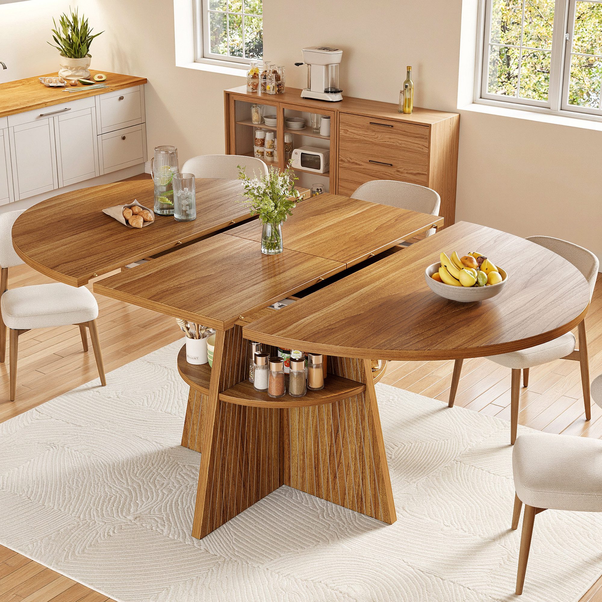 i@home Esstisch 110-150 cm runder Esstisch für 2-8 Personen, ausziehbarer Esstisch (1 Tisch), runder Holztisch mit vertikaler Struktur, belastbar bis 60kg, 2 Farben