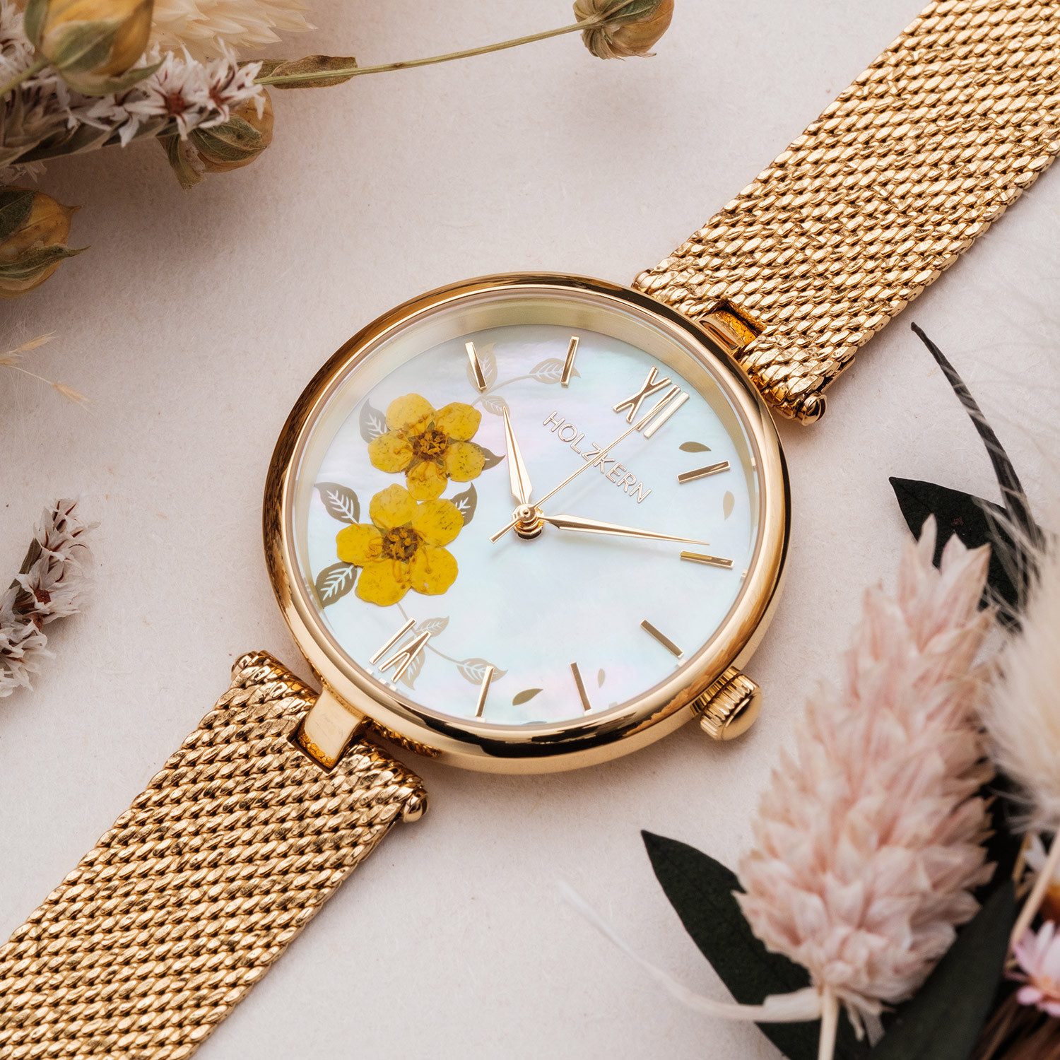 Holzkern Quarzuhr Everbloom Pflaumenblüte Gelb/Goldfarben