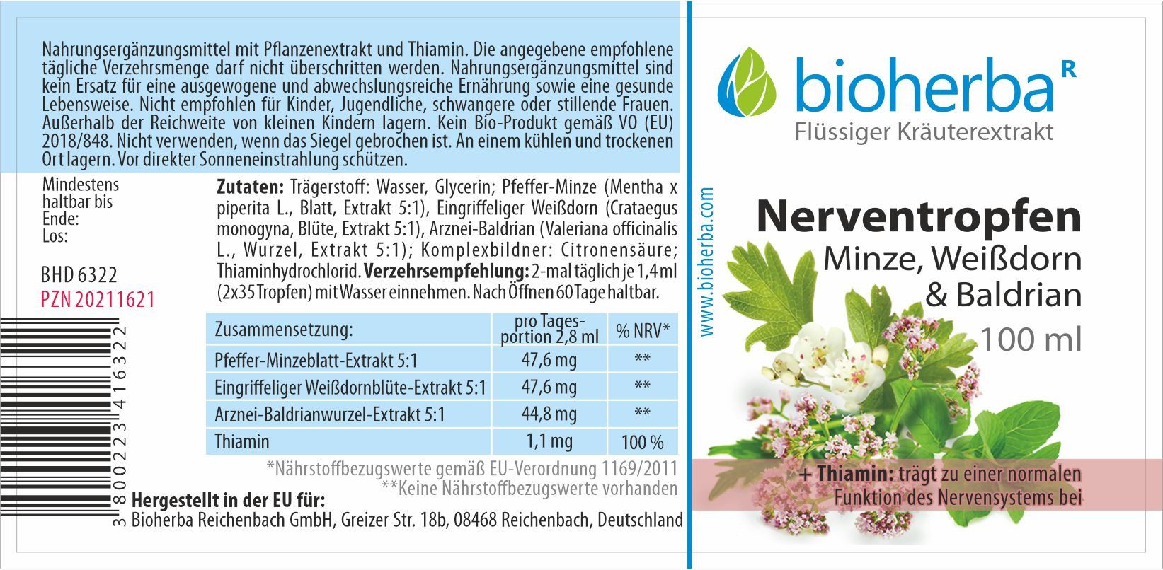 BIOHERBA R Bioherba Nerventropfen Minze Weißdorn & Baldrian Tinktur 100 ml Glasflasche, 1 er