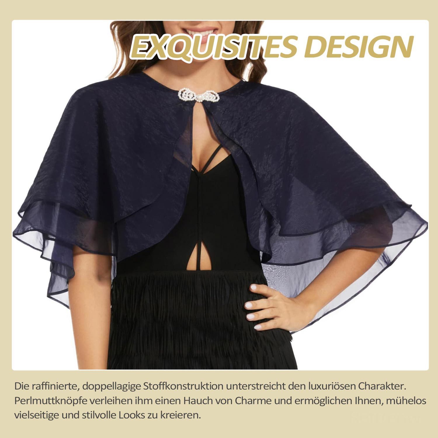 Refttenw Bolero Damen Festlich Doppellagiger Chiffon Bolero Stola Brautjacke Poncho (1-tlg) Bolerojacken mit Perlenknoten - Leicht Luftig