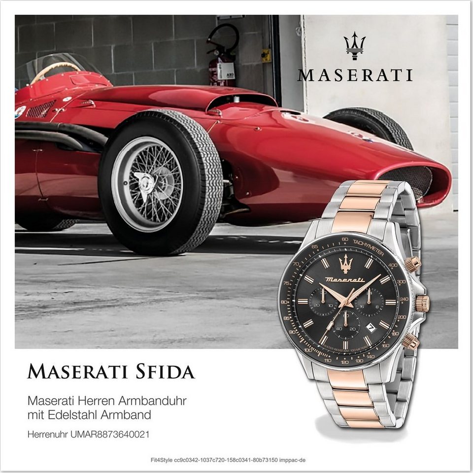 MASERATI Chronograph Maserati Herrenuhr Sfida Chrono, Herrenuhr  Edelstahlarmband, rundes Gehäuse, groß (ca. 44mm) schwarz