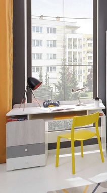 99rooms Schreibtisch Rono Weiß Hochglanz Eiche Wilton Weiss Grau (Computertisch, Bürotisch), mit Schubladen, Spanplatte, viel Stauraum, Modern Design